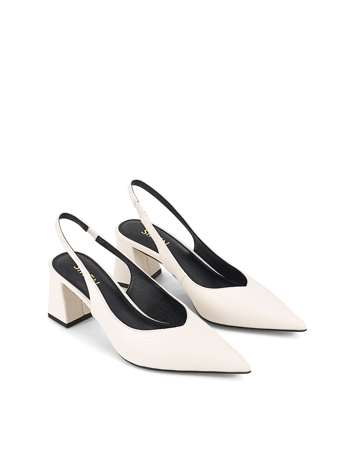 Yankee Slingback Block Heel Sandals - Women's Chunky Heel Shoes in Chalk White Snake Leather | Perfect for Office, Party & Date Night Outfits