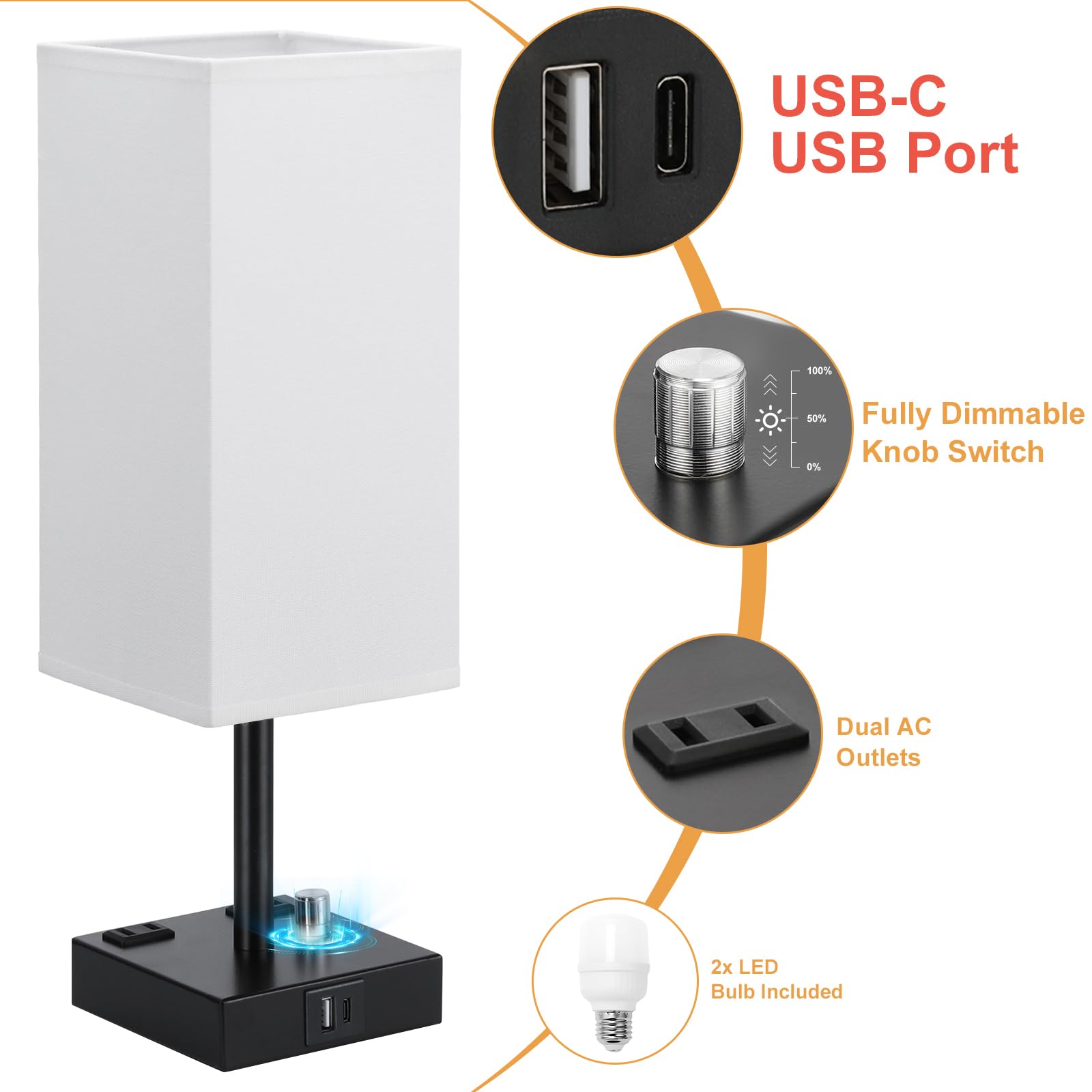 White Fully Dimmable Nightstand Lamps Set of 2 - USB C/A Charging & AC Outlet Table Lamps with Linen Shade for Bedroom, Living Room, Office (Bulb Included) | Modern Lighting for Reading, Working & Nighttime Use
