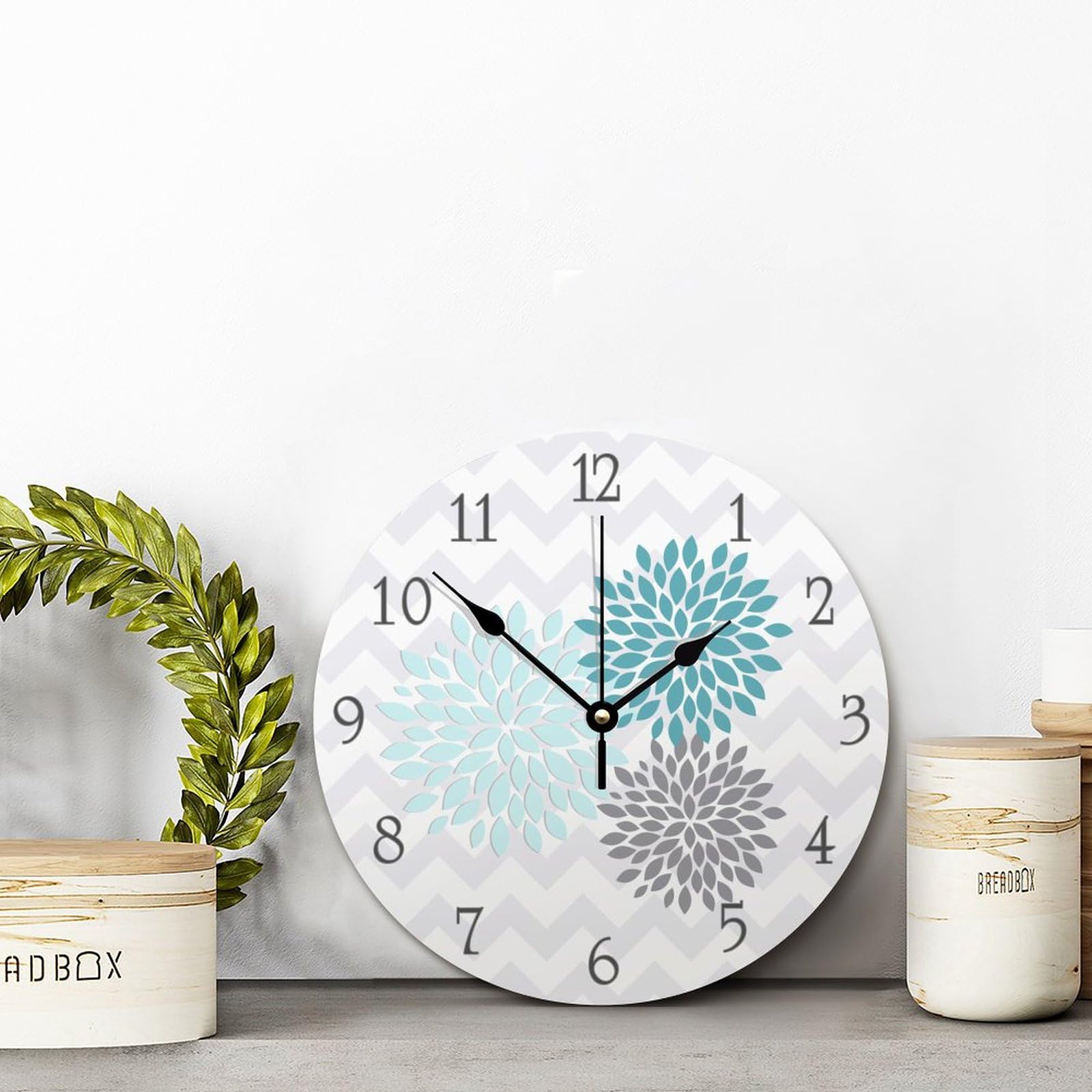 ArogGeld Silent Non-Ticking Wooden Wall Clock - Teal, Aqua & Grey Dahlia Flower Design | Battery Operated, Easy to Read | Perfect for Nursery, Kids Room, Office & Home Decor | Ideal Housewarming Gift