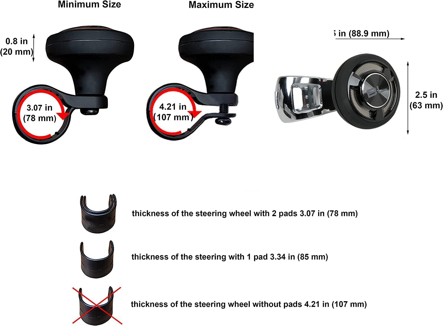 BL Universal Non-Slip Steering Wheel Spinner Knob - ABS & High Gloss Chrome Plated Suicide Knob with Metal Ball Bearing for Easy Installation (Black Platinum) - Perfect for Truck, Tractor & Heavy Equipment Drivers