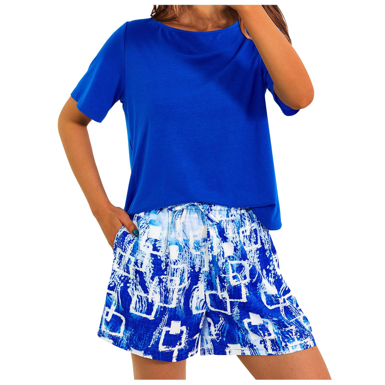 2 Piece Women's Summer Short Sleeve & Shorts Lounge Set - Boho Floral Pajama Sleepwear Outfit with Pocket - Perfect for Relaxing at Home, Vacation & Yoga