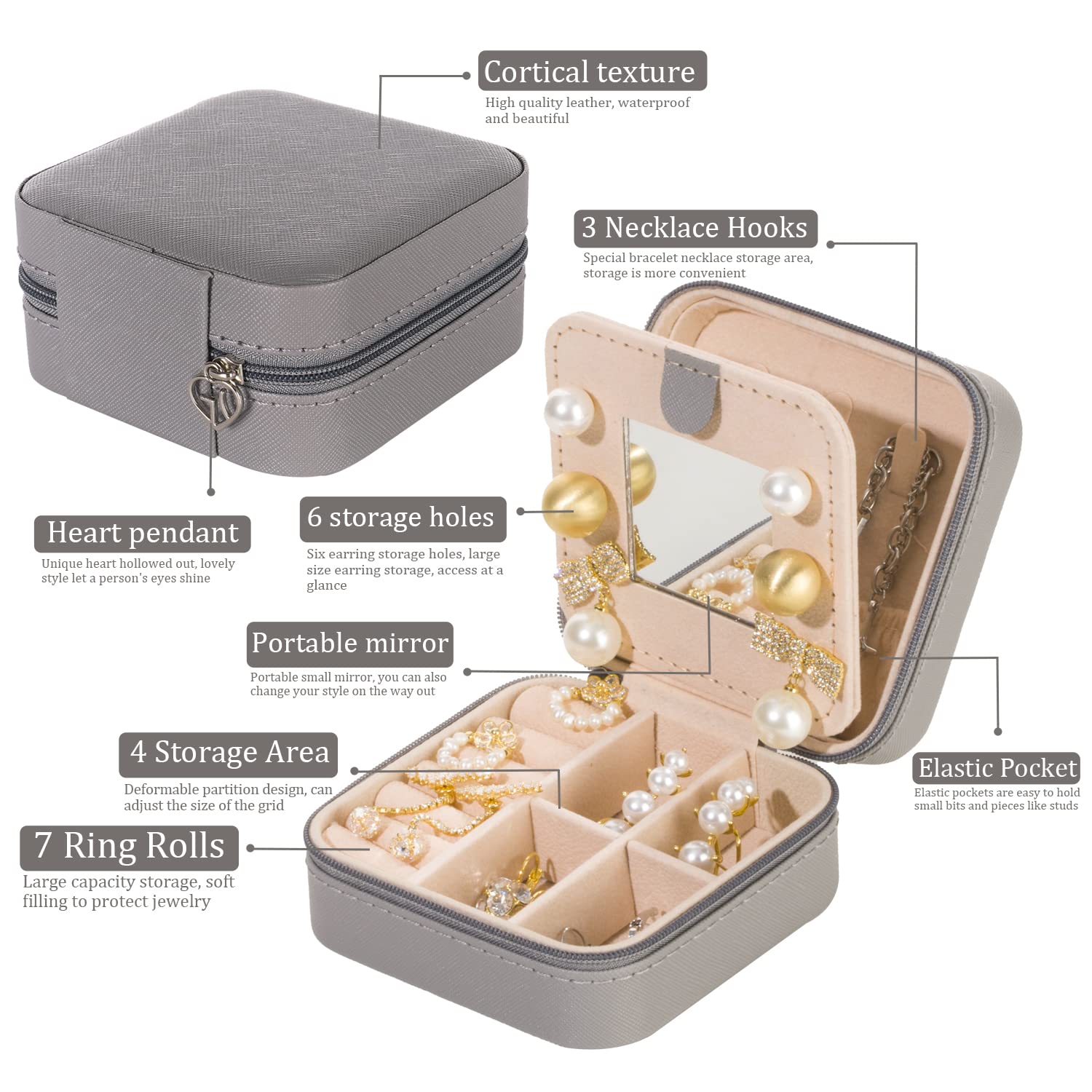 KElofoN Travel Jewelry Organizer Box for Women & Girls - Portable Jewelry Case with Mirror, Compact Jewelry Storage (Grey) - Perfect for Vacation, Business Trips & Daily Use