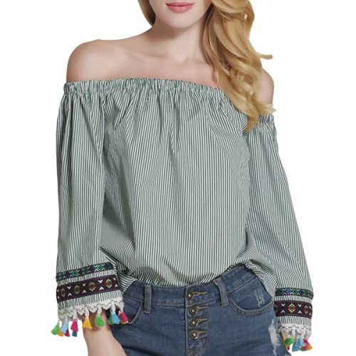 Ibiza Off The Shoulder Tasseled Top - Island Green Boho Beachwear for Summer Vacation & Music Festivals