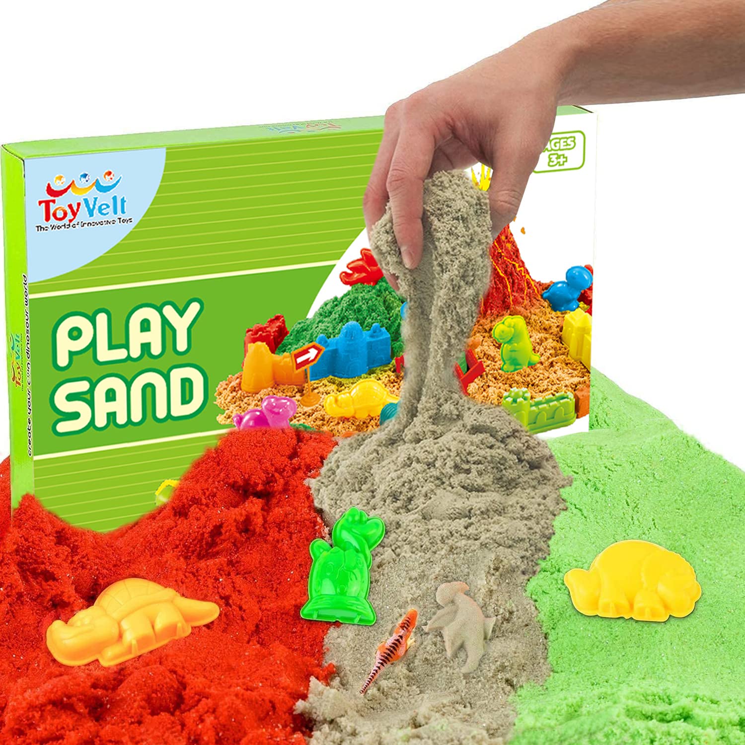 Toyvelt Kinetic Sand Dinosaur Play Set - 3 Lbs Sensory Sand with 3 Trucks, Dino Molds, Tray & Tools for Kids Ages 3-10 | Fun Indoor & Outdoor Creative Play for Boys & Girls | Perfect Birthday Gift & Preschool Learning Activity