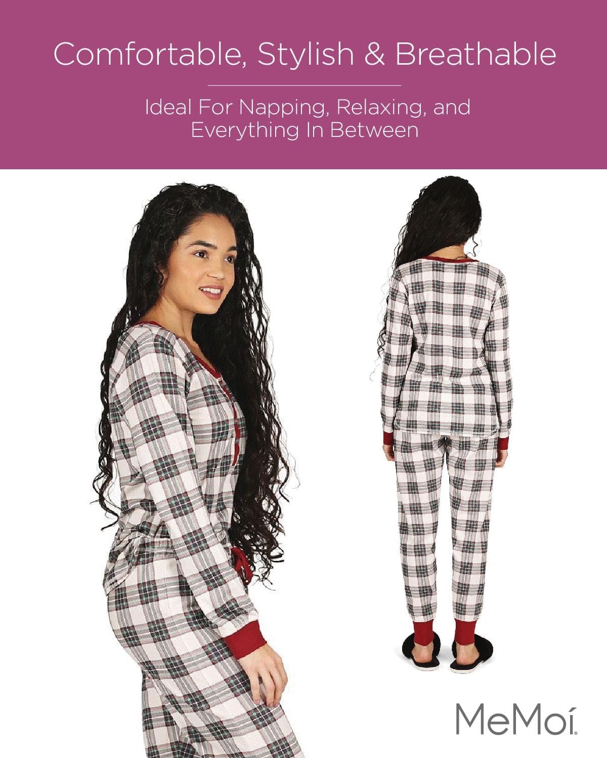 MeMoi Women's Soft Plaid Cotton Blend Henley Pajama Set - Comfortable Sleepwear for Lounge & Nighttime Relaxation