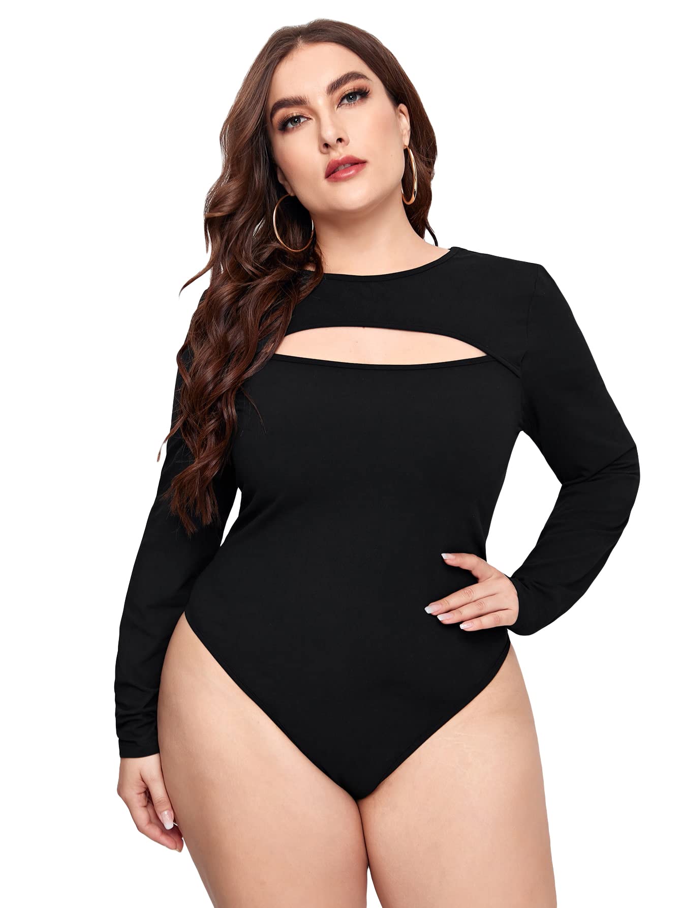 **Milumia Women's Plus Size Casual Long Sleeve Crewneck Bodysuit T-Shirt - Stretchy Comfort Fit, Trendy Cut-Out Design for Layering & Everyday Wear**    *(Perfect for Casual Outfits, Date Nights, and Office Wear – Versatile & Flattering for Curvy Women)*
