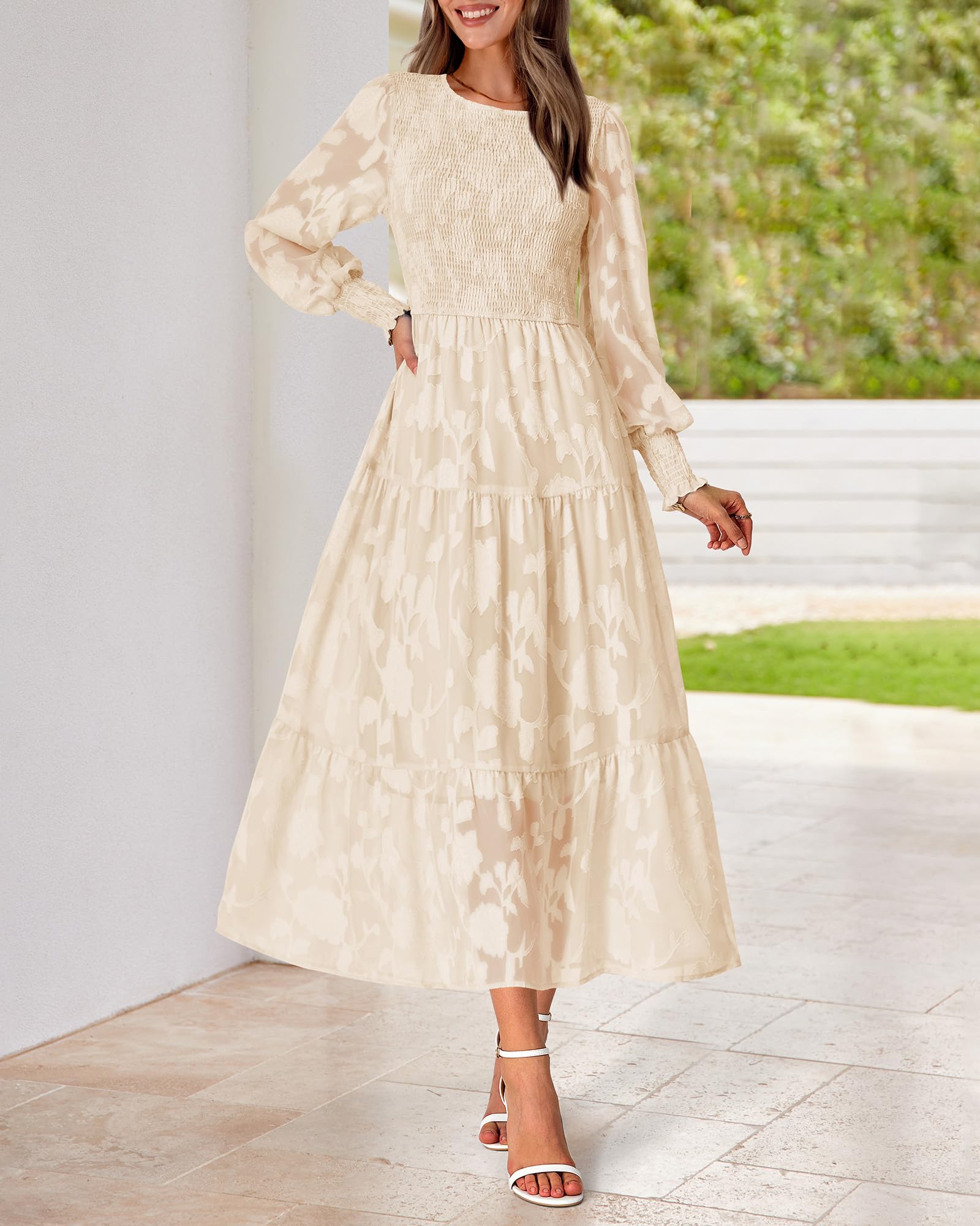 BTFBM Women's Elegant Floral Midi Dress Long Sleeve Bohemian Wedding Guest Dress - Perfect for Spring Weddings, Garden Parties & Casual Boho Outfits