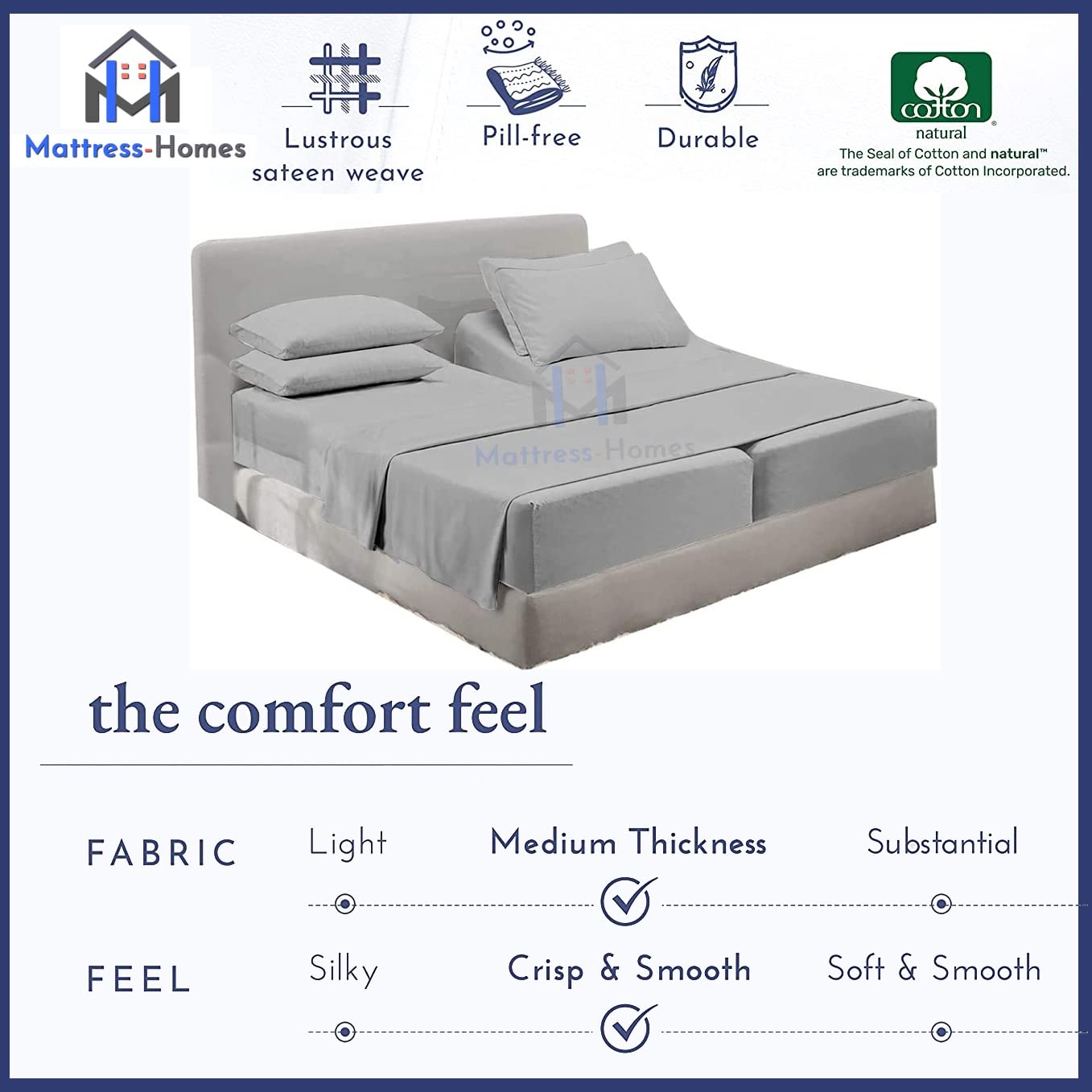7-Piece Split King Sheet Set - 600 Thread Count 100% Long Staple Combed Cotton for Adjustable Beds (Light Grey) | Ultra-Soft Luxury Bedding for Master Bedroom & Guest Room