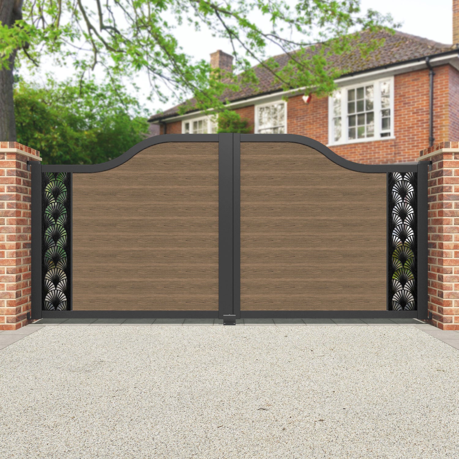 Classic Laurel Curved Top Teak Driveway Gate - Elegant Wooden Entryway for Homes & Estates | Perfect for Driveway Security & Curb Appeal Enhancement