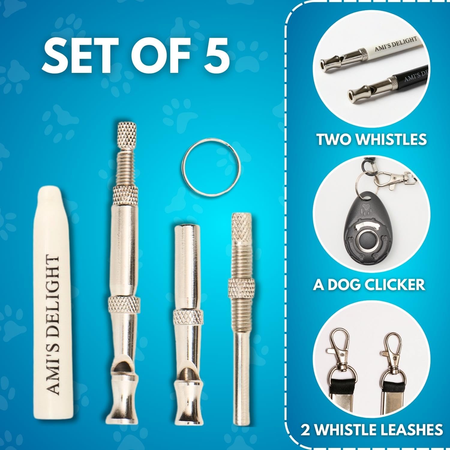 Premium Adjustable Dog Whistle Set - 5 PCS with Lanyards & Clicker for Bark Control - Train Neighbor's Dogs