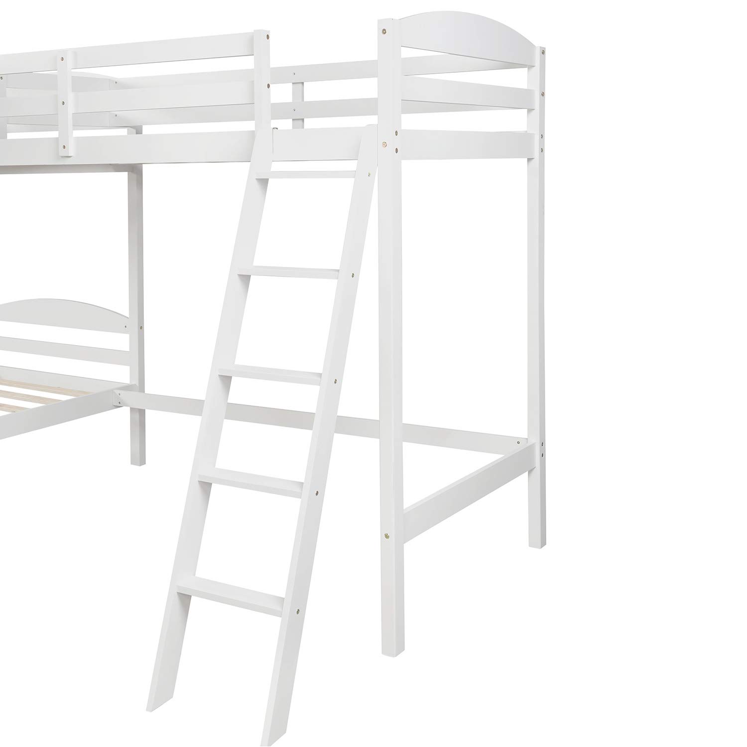 **Twin Size L-Shaped Wooden Bunk Bed & Loft Bed for Kids - 3 Person Corner Bunk Bed Frame with 2 Ladders & Guardrail (White) - Perfect for Small Bedrooms, Shared Kids' Rooms & Space-Saving Solutions**