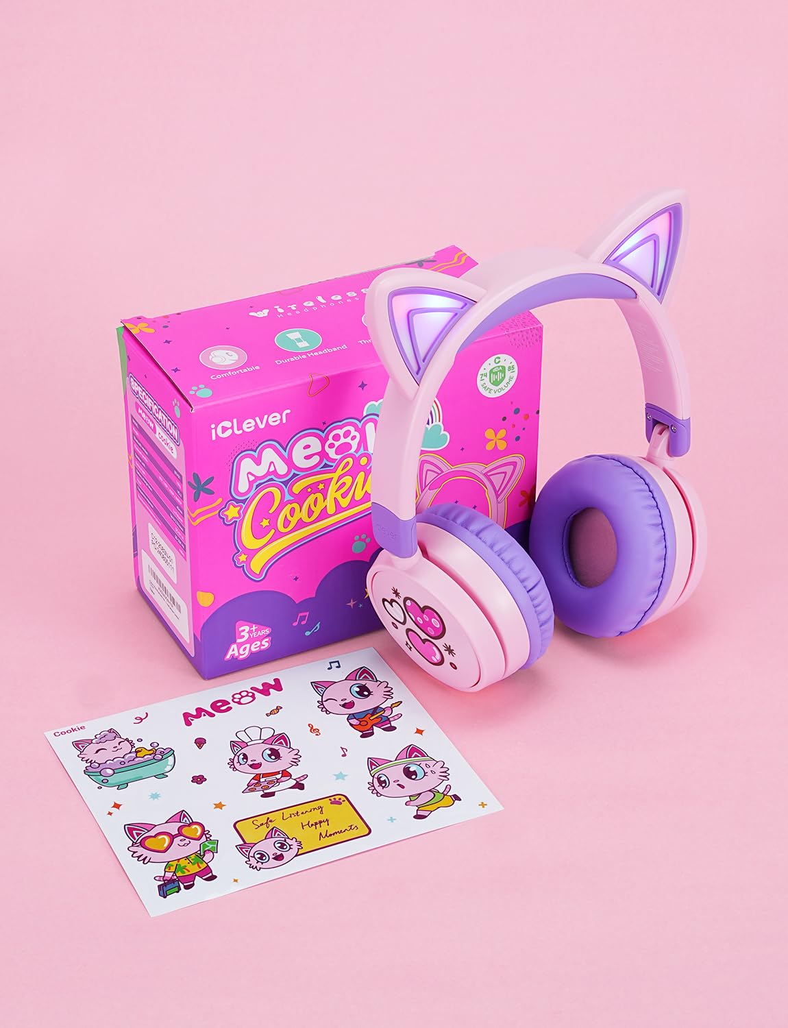 iClever Kids Bluetooth Headphones with Light Up Cat Ears - 60H Playtime, USB-C Fast Charging, Safe Volume 74/85dB - Wireless Toddler Headphones for iPad, Tablets & Travel (Meow Cookies Purple) - Perfect for School, Airplane & Home Learning