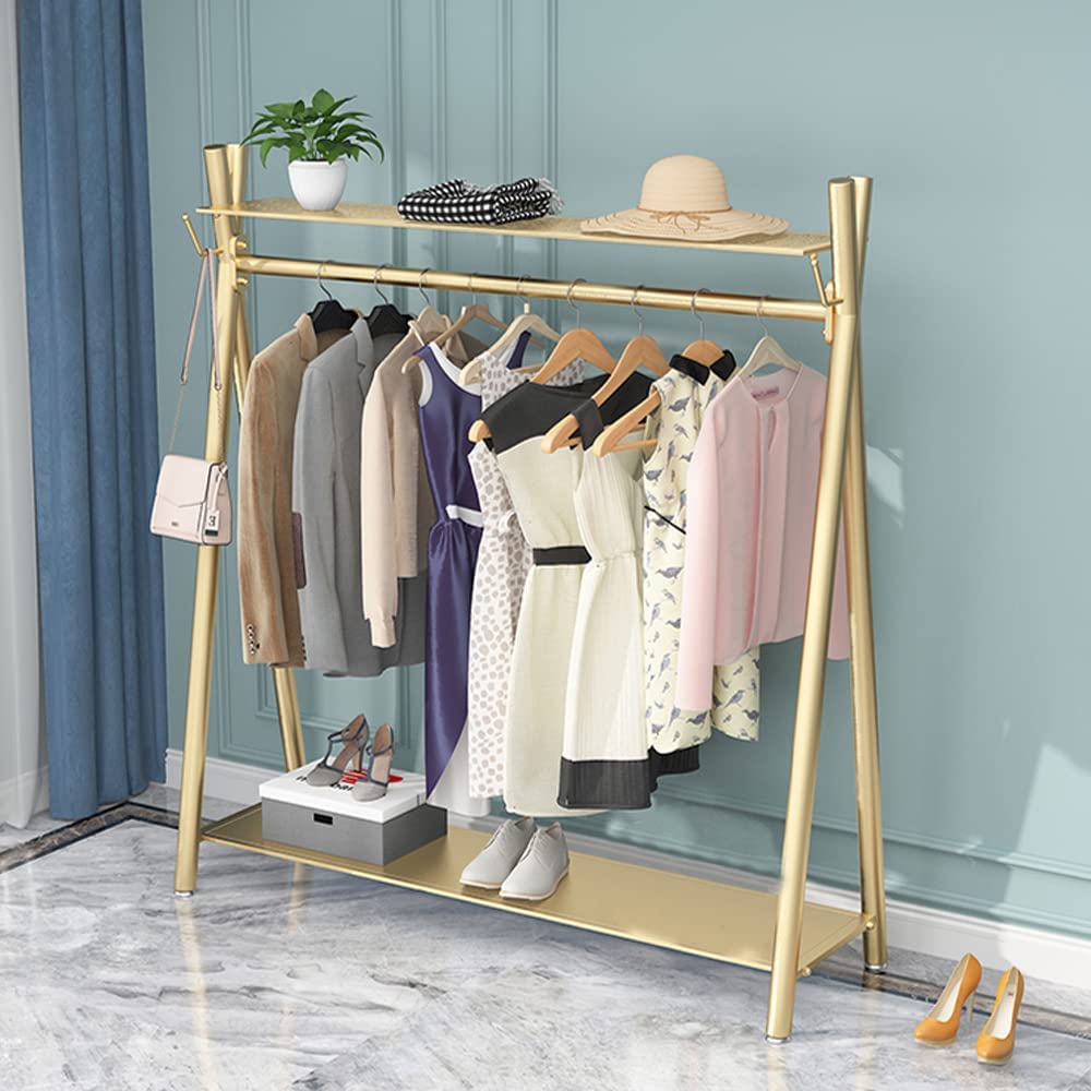 MAIKAILUN Heavy Duty Freestanding Industrial Gold Clothes Rack with Double Shelves - 47 Inch Movable Coat Rack for Organizing Clothes, Shoes, Jackets - Perfect for Bedroom, Closet, Laundry Room or Retail Store Display