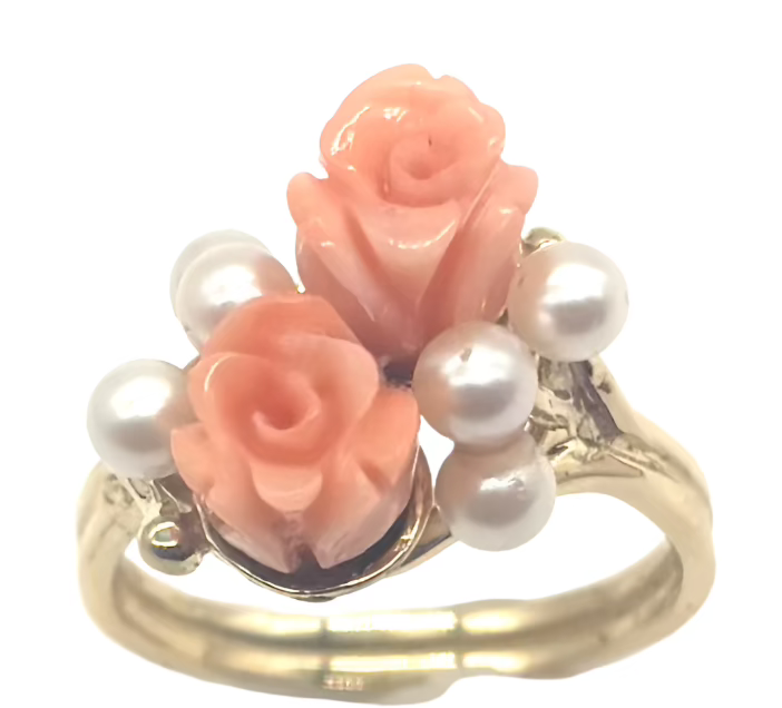 14K White Pearl and Coral Rose Bypass Ring - Elegant Vintage Jewelry for Women, Perfect for Weddings, Anniversaries & Special Occasions