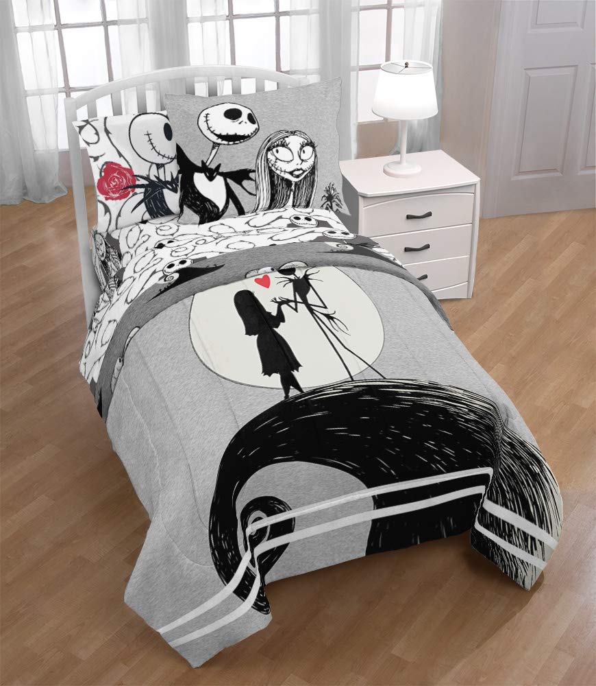 Disney Nightmare Before Christmas Twin Bed Set - 5 Piece Reversible Comforter & Sheet Set with Jack Skellington & Sally - Super Soft Microfiber Bedding for Kids & Teens - Perfect for Halloween & Christmas Decor