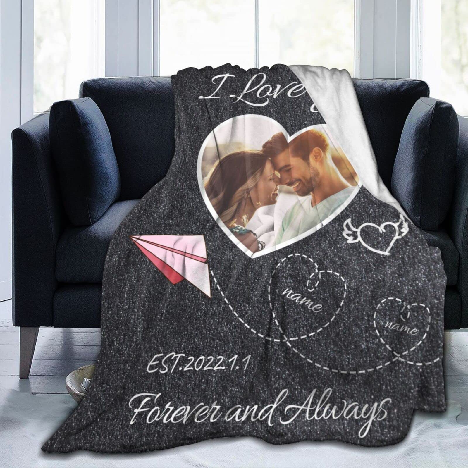 Personalized Anniversary Blanket with Custom Name, Picture & Date - Romantic Gift for Couples, Wife or Husband - Wedding, Valentine's Day Present - Perfect for Cuddling, Home Decor & Special Occasions