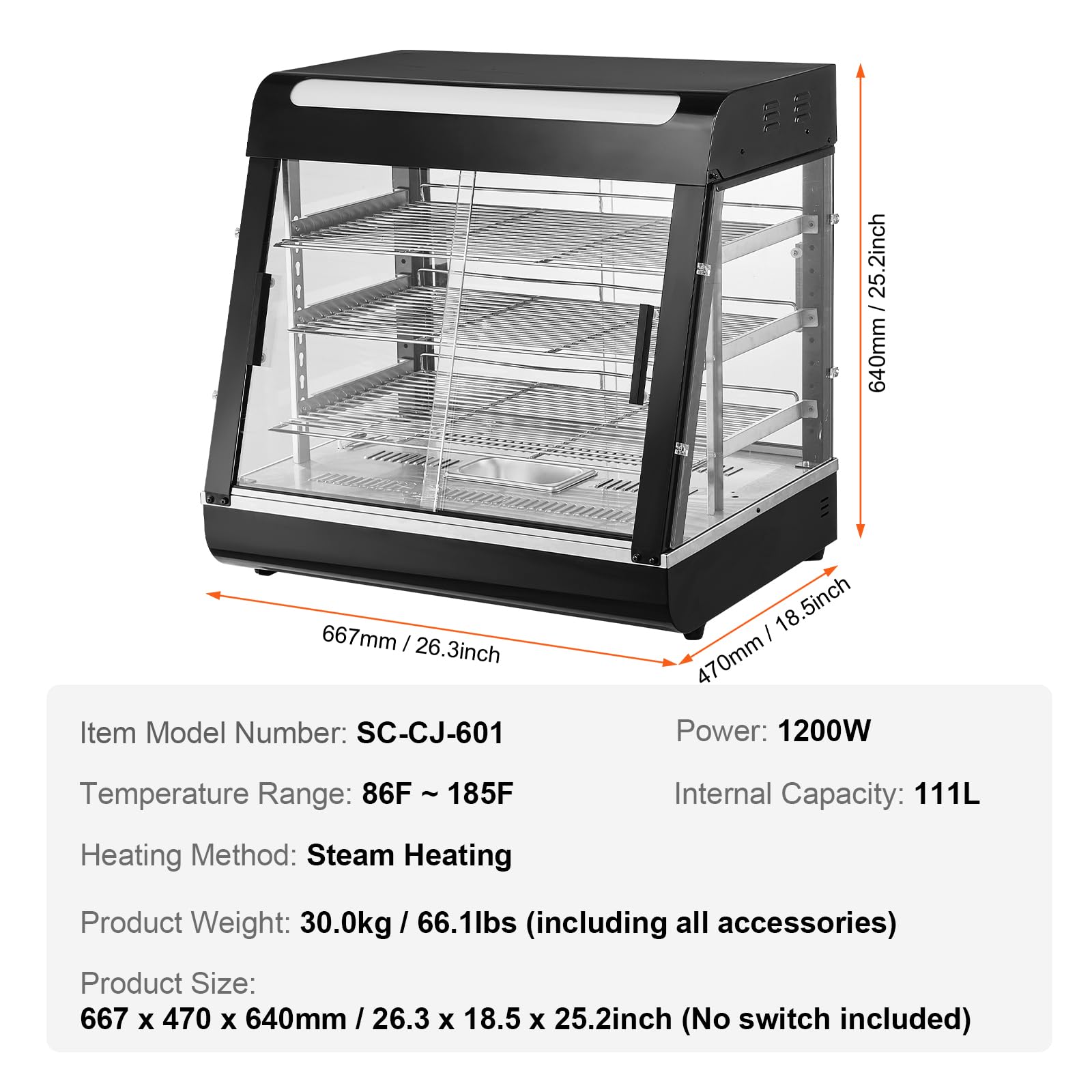 VEVOR 3-Tier Commercial Food Warmer Display - 1200W Electric Food Warmer with LED Light, Adjustable Shelves & Digital Temperature Control (86°F-185°F), 111L Capacity - Perfect for Restaurants, Cafes & Buffets Serving Burgers, Pizza, Bread & Fried Chicken