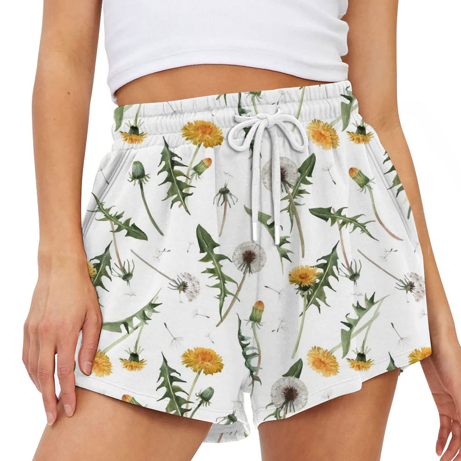 Women's Casual Summer Sweat Shorts - Comfy Lounge & Athletic Running Shorts with Elastic Waist - Printed Design (White, Medium) - Perfect for Yoga, Gym Workouts, and Relaxing at Home