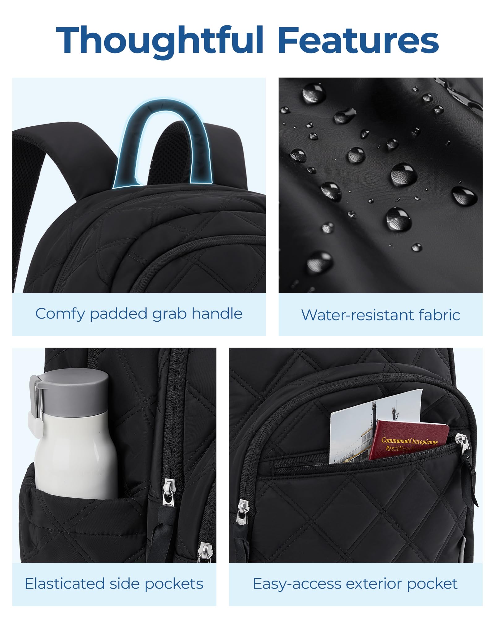 BAGSMART Quilted Water-Resistant Laptop Backpack for Women - 15.6 Inch Travel & College Bookbag, Casual Computer Bag (Black) - Perfect for Work, School & Daily Commute