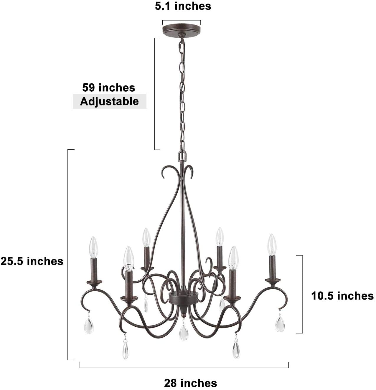 LALUZ Rustic Farmhouse Chandelier - 6-Light Bronze French Country Lighting Fixture with Crystal Pendants | Elegant Ceiling Light for Dining Room, Living Room, Kitchen, Bedroom & Entryway (28 Inch)