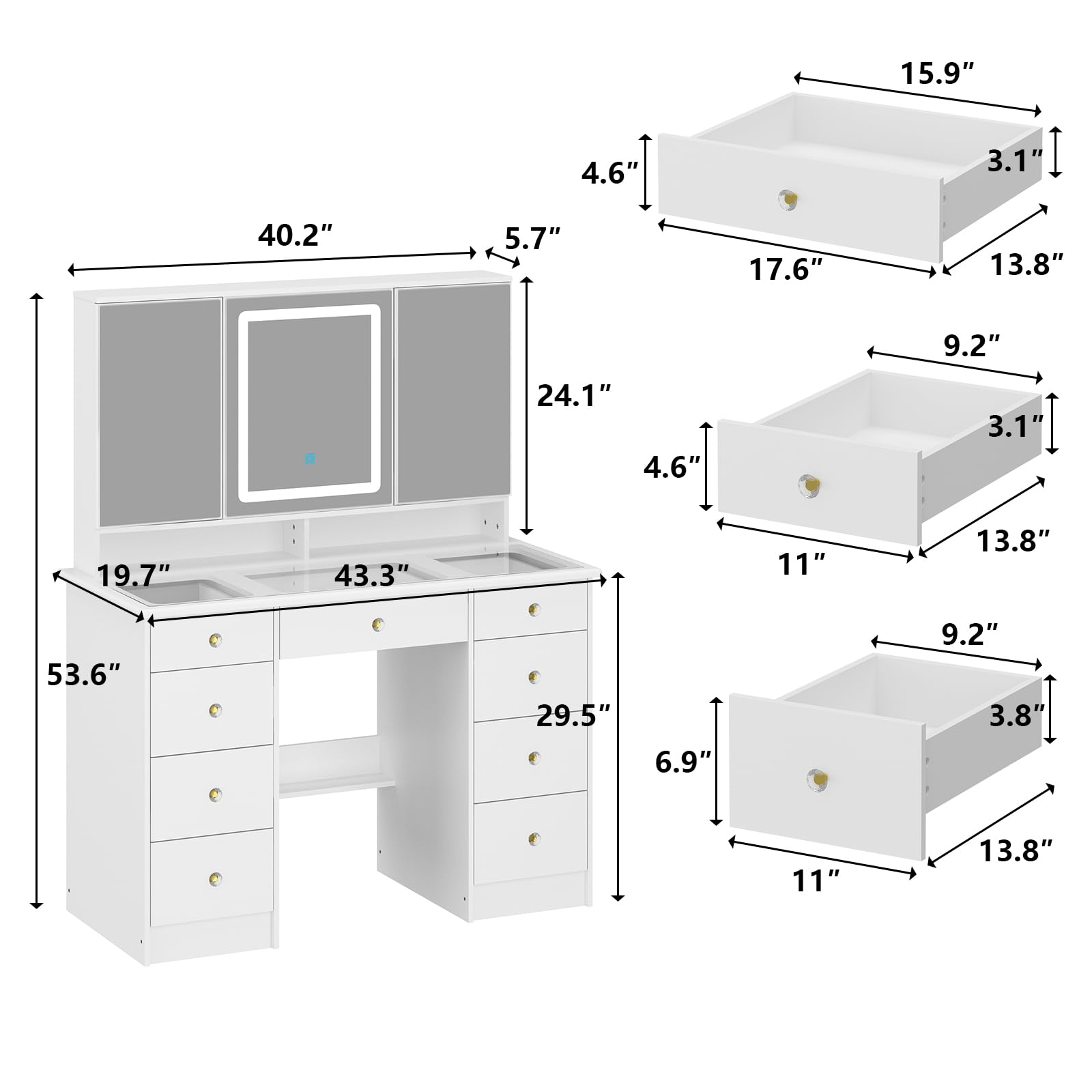 FUFU&GAGA White Modern Vanity Desk with Mirror & LED Lights, 9 Drawers & Hidden Shelves, Large Glass Top Makeup Dressing Table for Bedroom (43.3”W x 19.7”D x 53.6”H) - Perfect for Makeup Organization, Home Salon Setup & Glam Room Decor