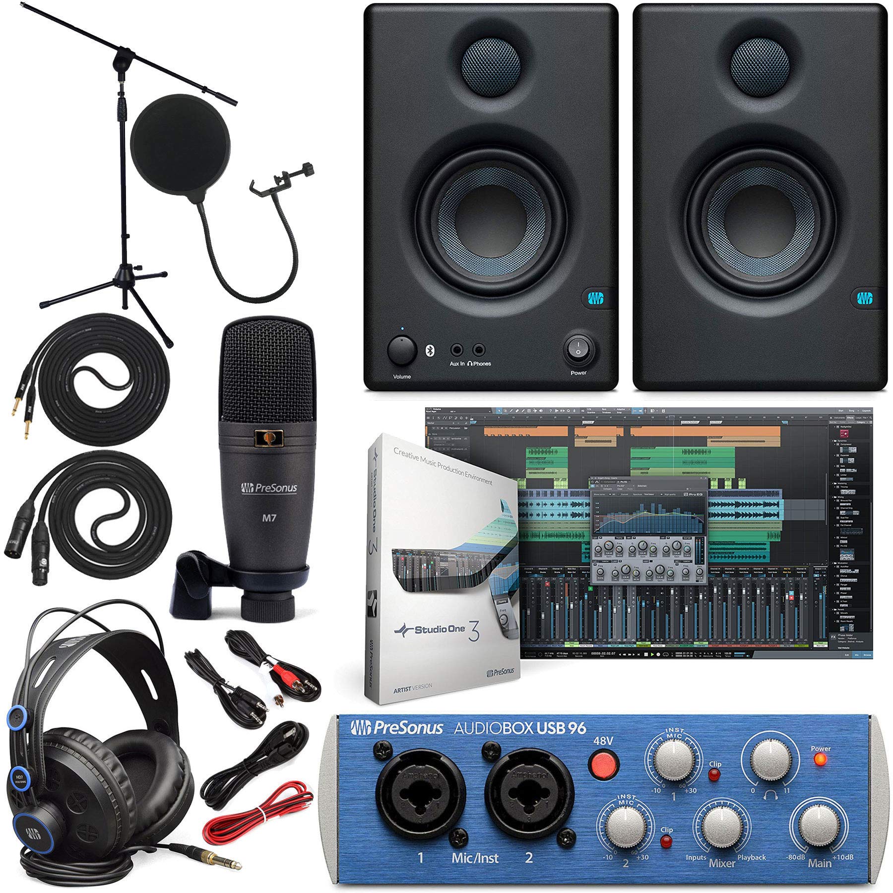 PreSonus AudioBox 96 USB Audio Interface (Blue/Black) - Complete Studio Bundle with Studio One Artist DAW Software, Eris 3.5 BT Bluetooth Studio Monitors & 1/4