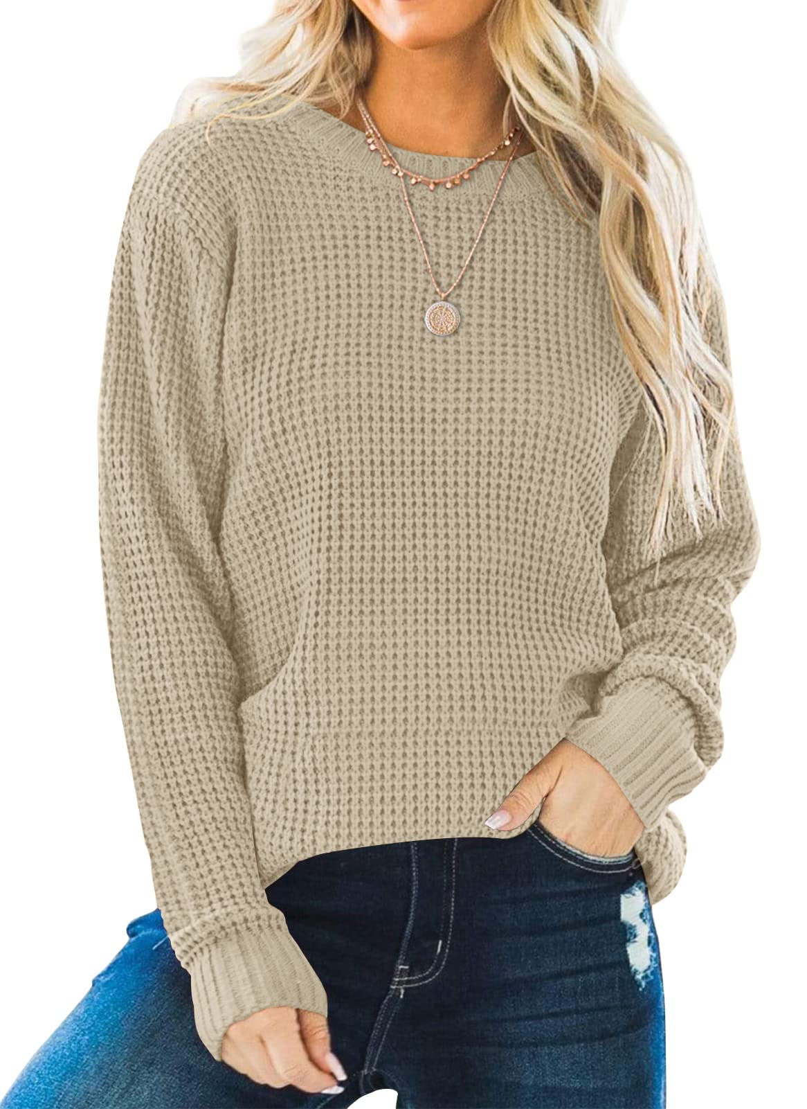 ZESICA Women's 2023 Fall Long Sleeve Crew Neck Waffle Knit Casual Loose Oversized Pullover Sweater Tops - Cozy Autumn Layering for Work, Dates & Weekend Outings