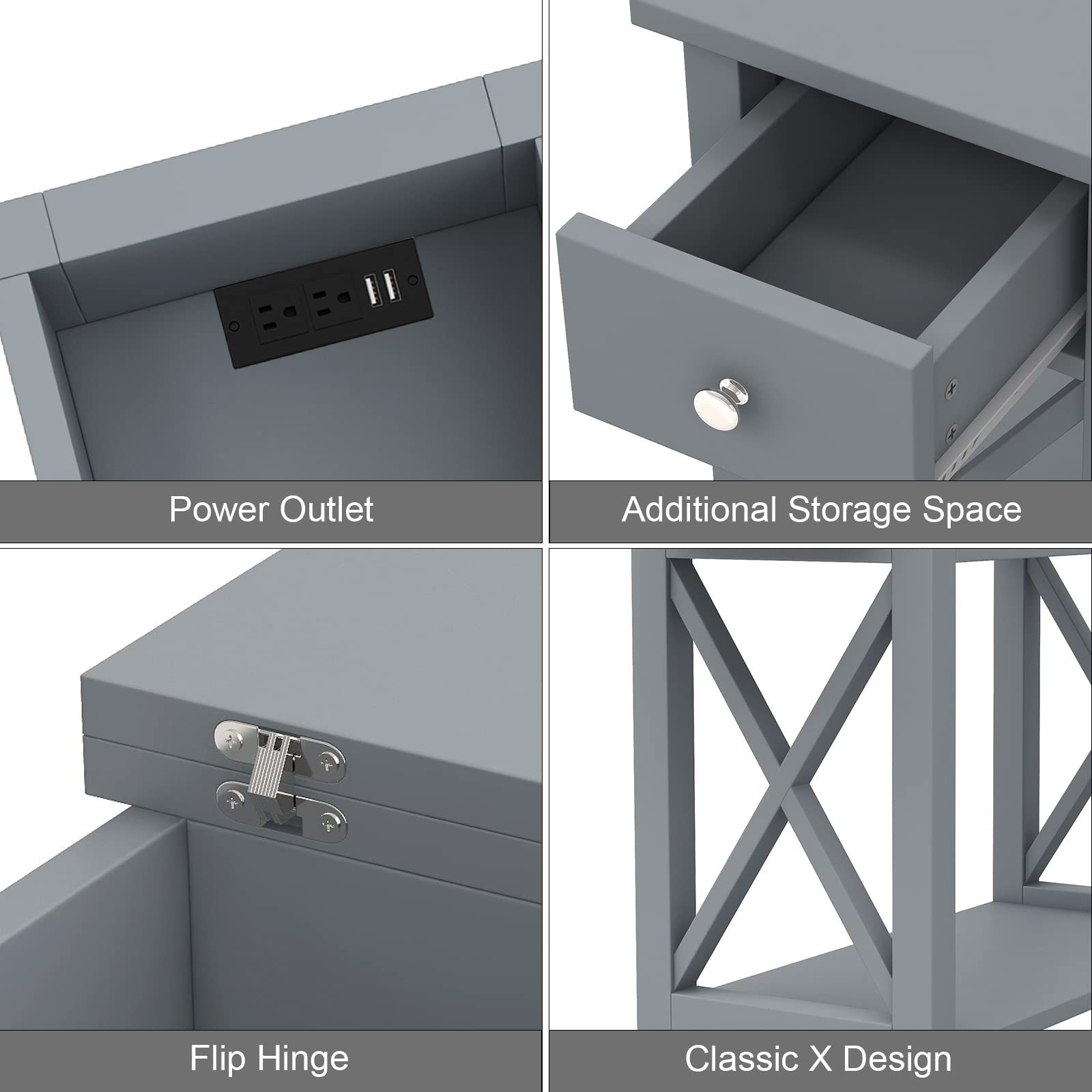 ChooChoo Narrow End Table with Charging Station - USB Ports & Outlets, Small Space Nightstand with Drawer - Perfect for Bedroom, Living Room & Office - Modern Grey Side Table for Convenient Device Charging & Storage