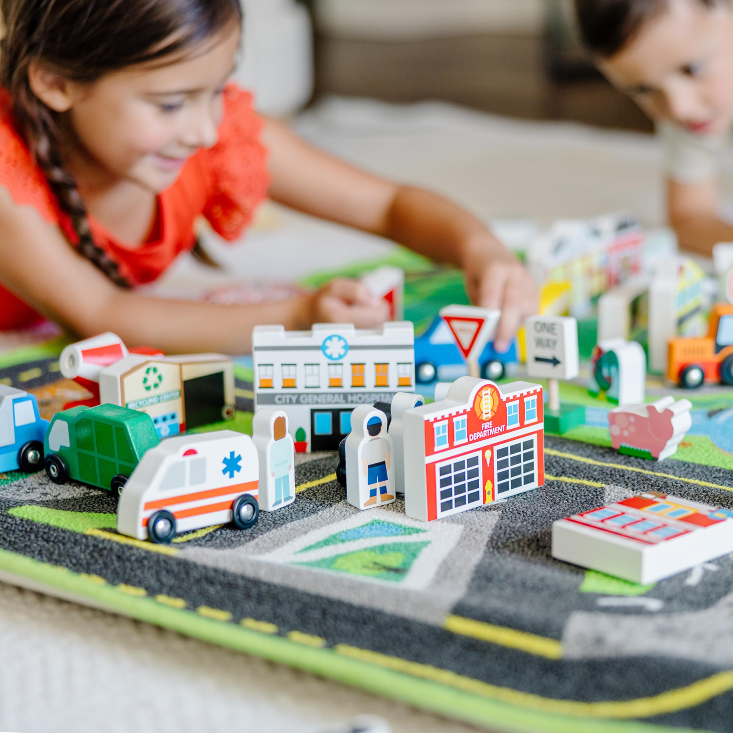 Melissa & Doug Deluxe Activity Road Rug Play Set with 49 Wooden Vehicles & Play Pieces – Interactive Toy for Kids, Perfect for Pretend Play, Learning & Indoor Fun