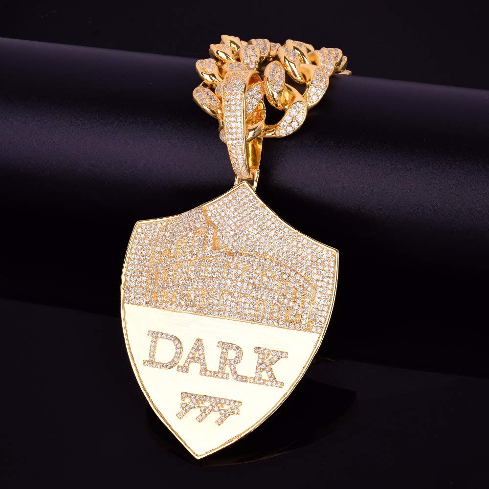 18K Gold Plated Iced Out Shield Pendant Necklace - CZ Simulated Diamond Hip Hop Chain for Men & Women | Perfect for Rappers, Streetwear & Gift Giving