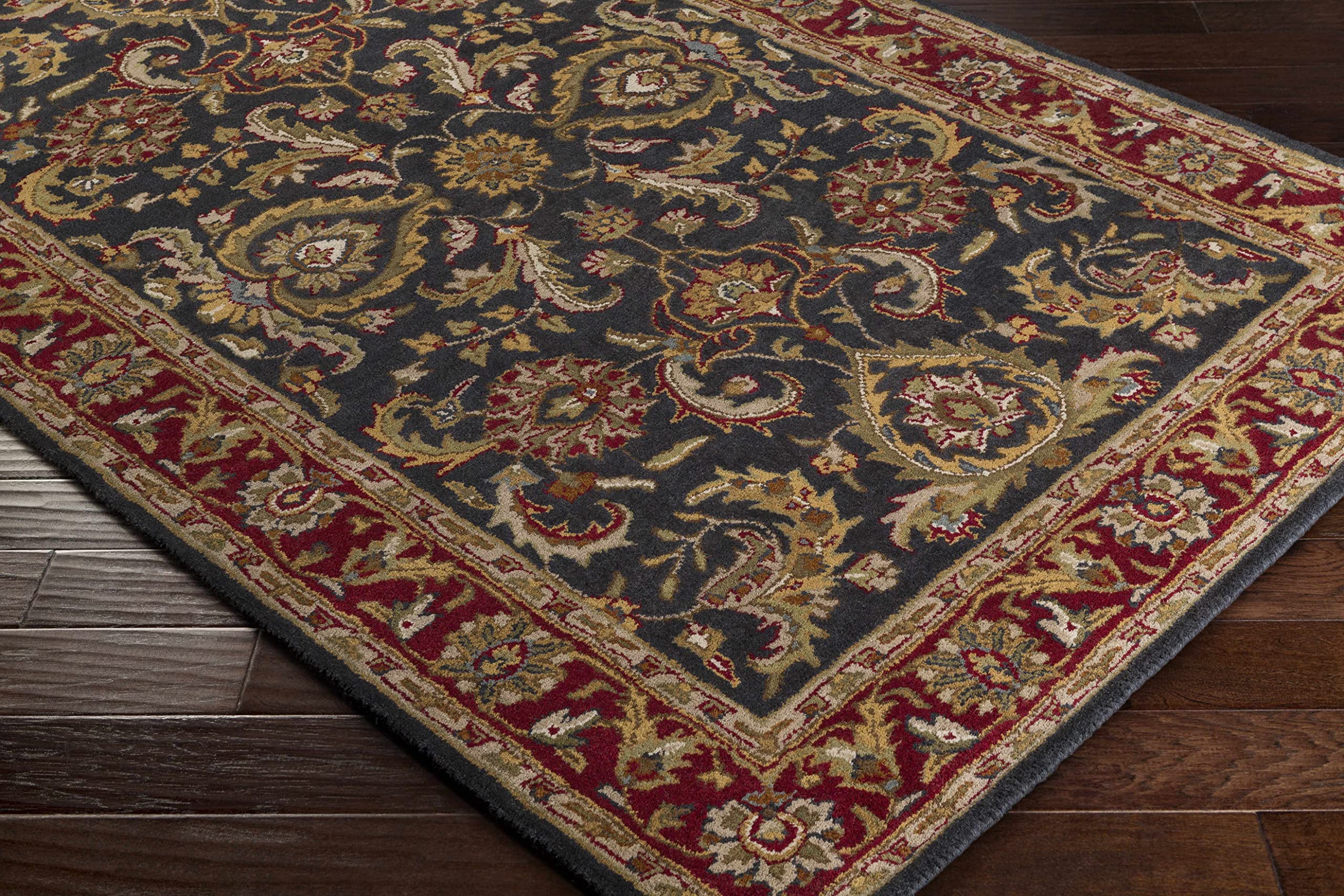 Hauteloom Bunola Wool Area Rug for Living Room & Bedroom - Traditional Handmade Round Rug in Red, Navy, Mustard - 8 Foot Round - Soft & Durable Home Decor for Cozy Spaces