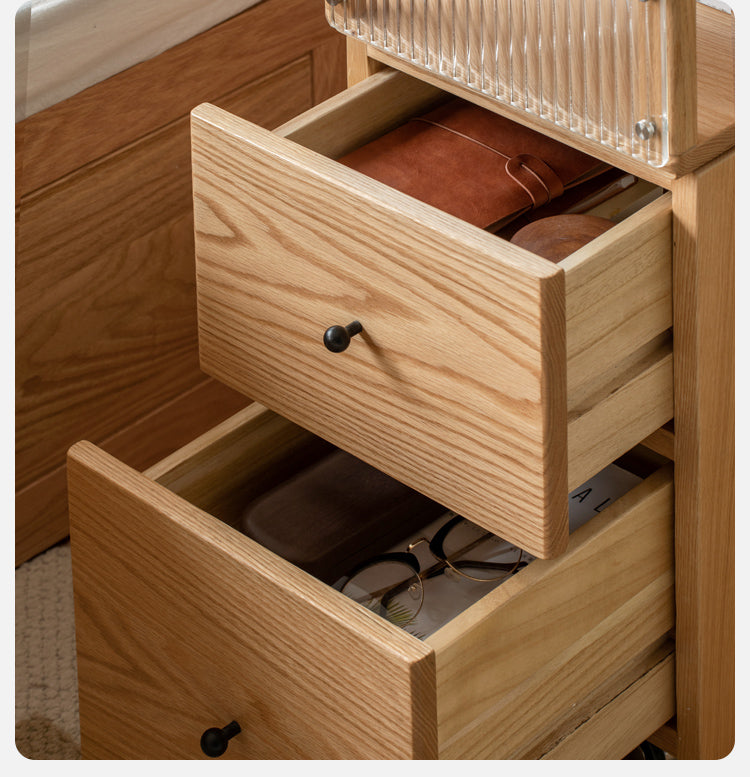 Solid Oak Wood Nightstand with Wheels and Built-in Light - Narrow Bedside Table for Small Spaces - Perfect for Bedrooms, Dorms, and Apartments