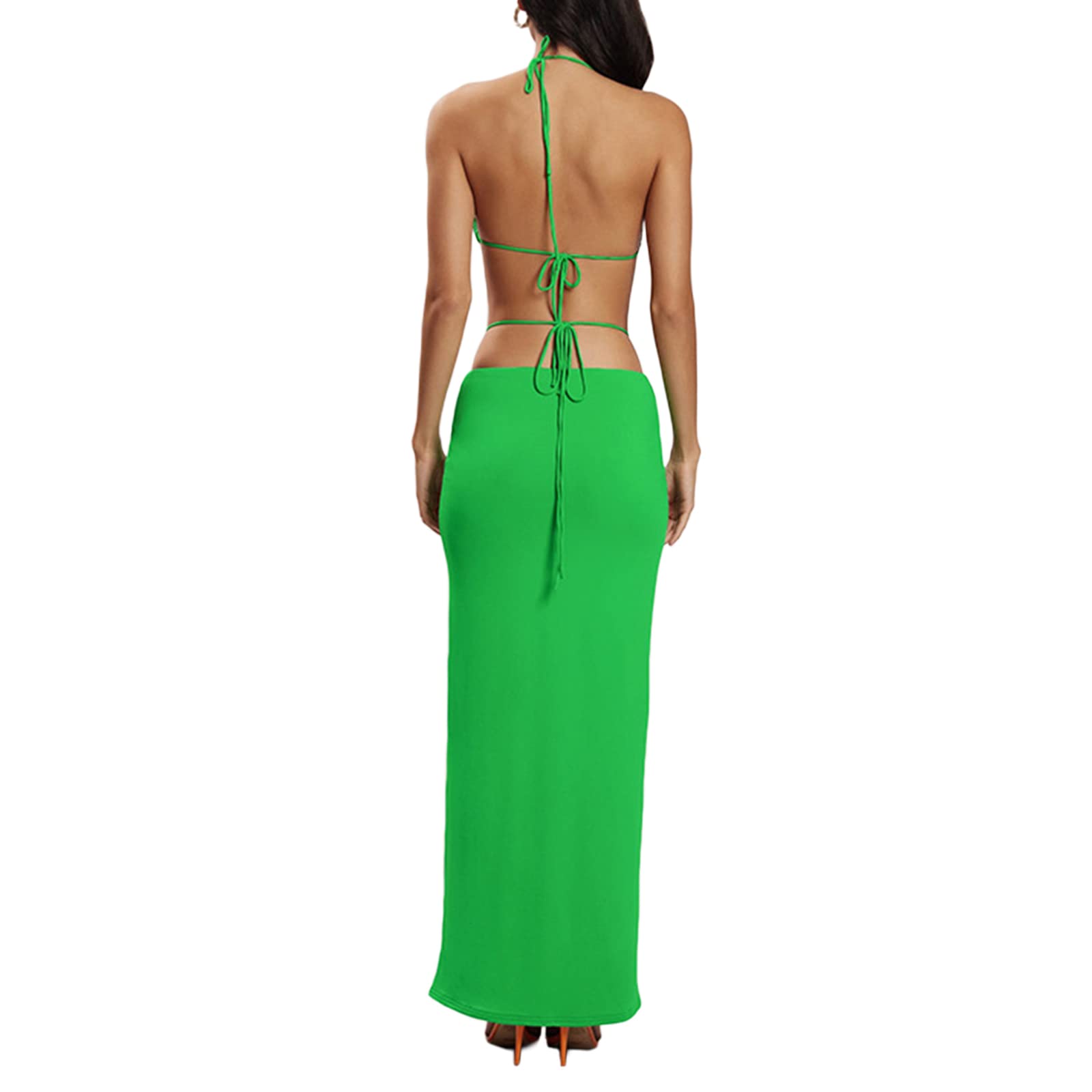 Stylish Women's Summer Outfits - Halterneck Sleeveless Backless Tops with Casual Bandage Long Skirt Set | Perfect for Beach Vacation, Date Night & Summer Parties
