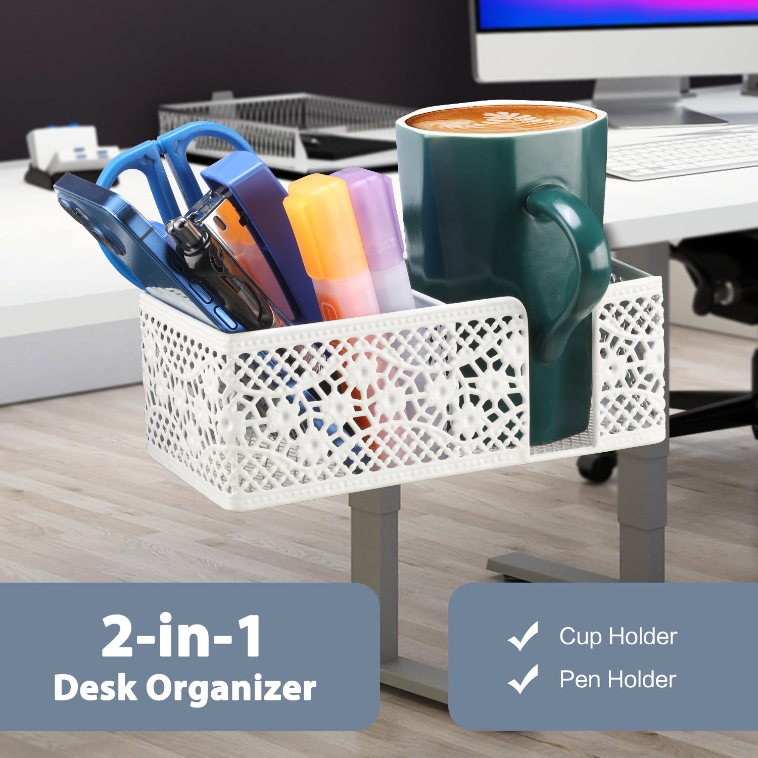 Clip-On Desk Organizer with Cup Holder, Pencil Storage & Phone Stand - Space-Saving Office & School Accessory for Beverages, Stationery & Devices - Perfect for Work, Study & Home Organization