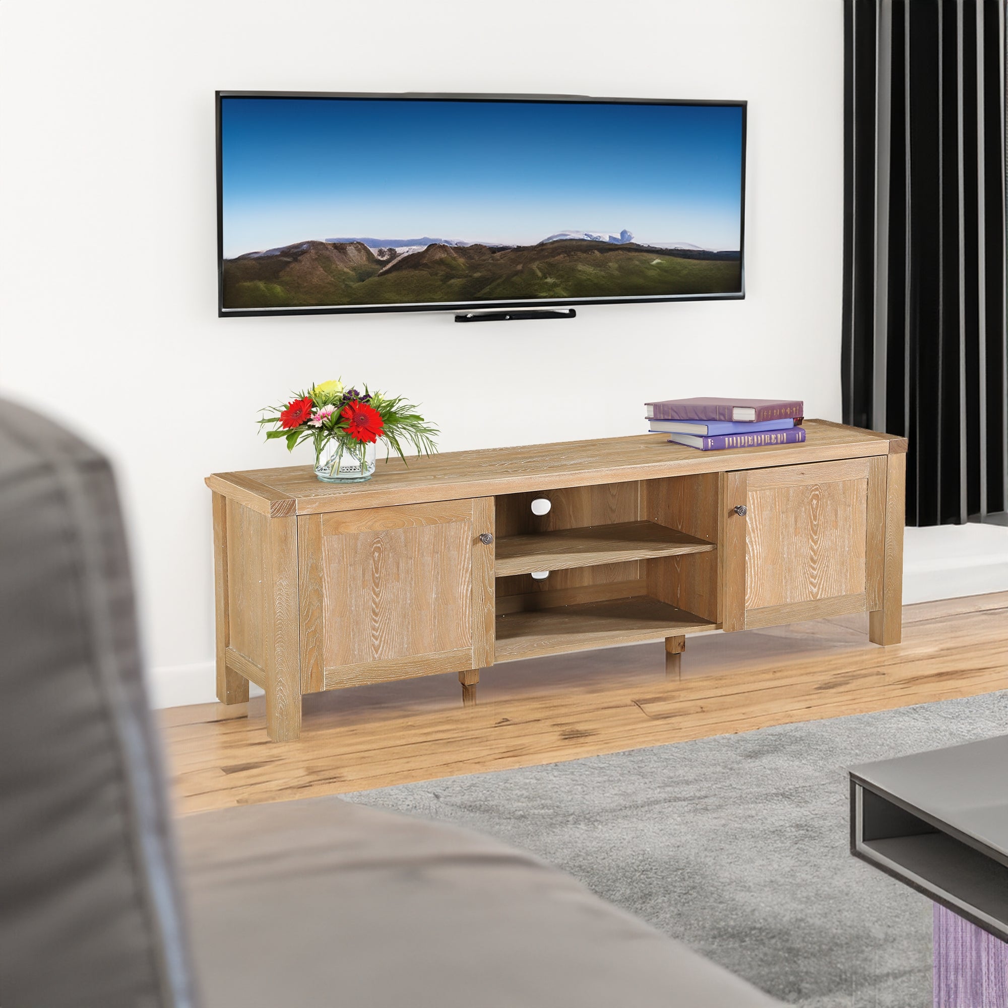 Woodland 180cm Entertainment TV Stand with 2 Doors - Solid Timber Wood TV Cabinet for Living Room, Natural Finish - Perfect for Home Theater & Media Storage