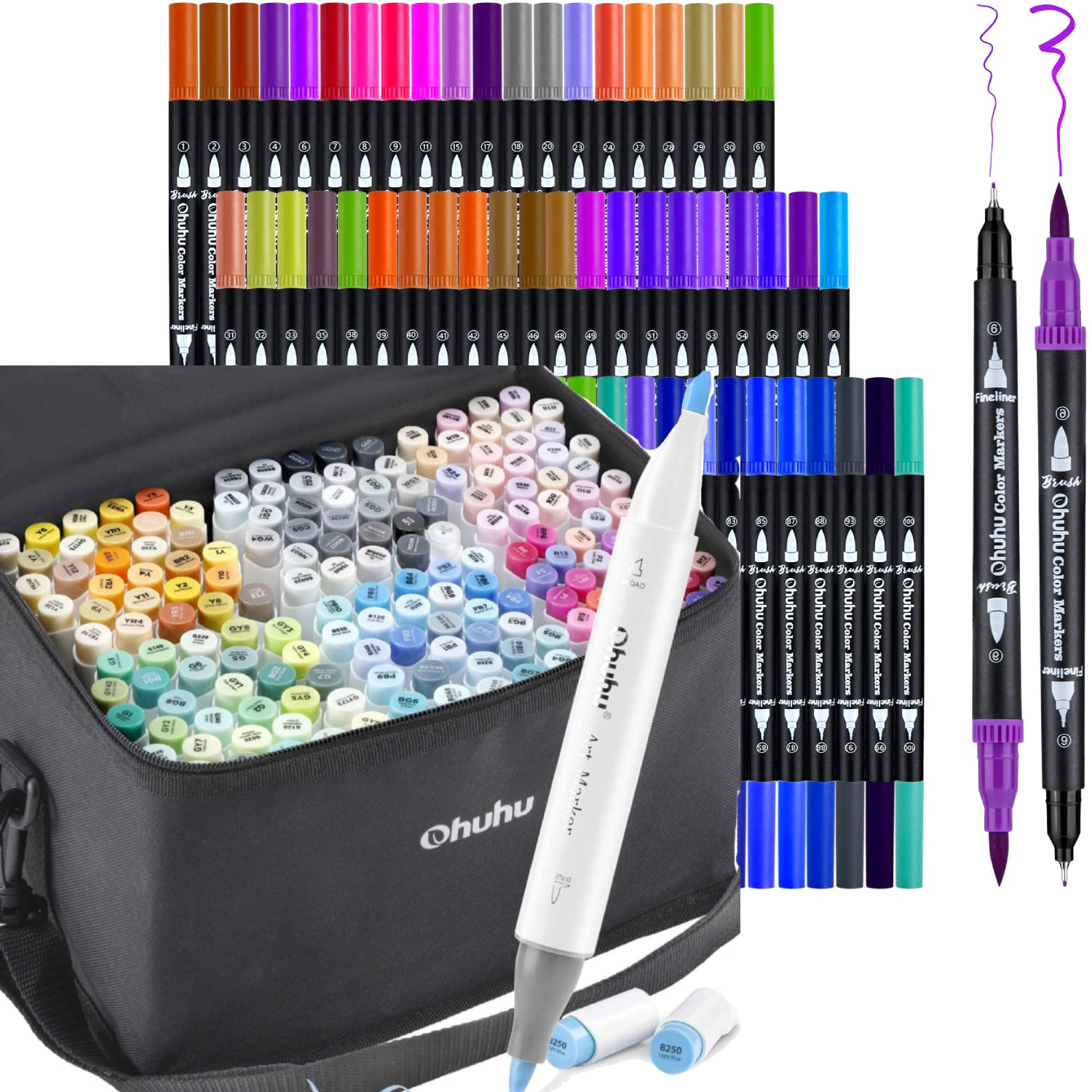 Ohuhu 60 Colors Dual Tip Alcohol Markers Set - Brush & Fine Tips for Artists, Students & Professionals | 168 Unique Colors for Sketching, Drawing & Coloring Books | Perfect for Bullet Journals, Manga & Calligraphy