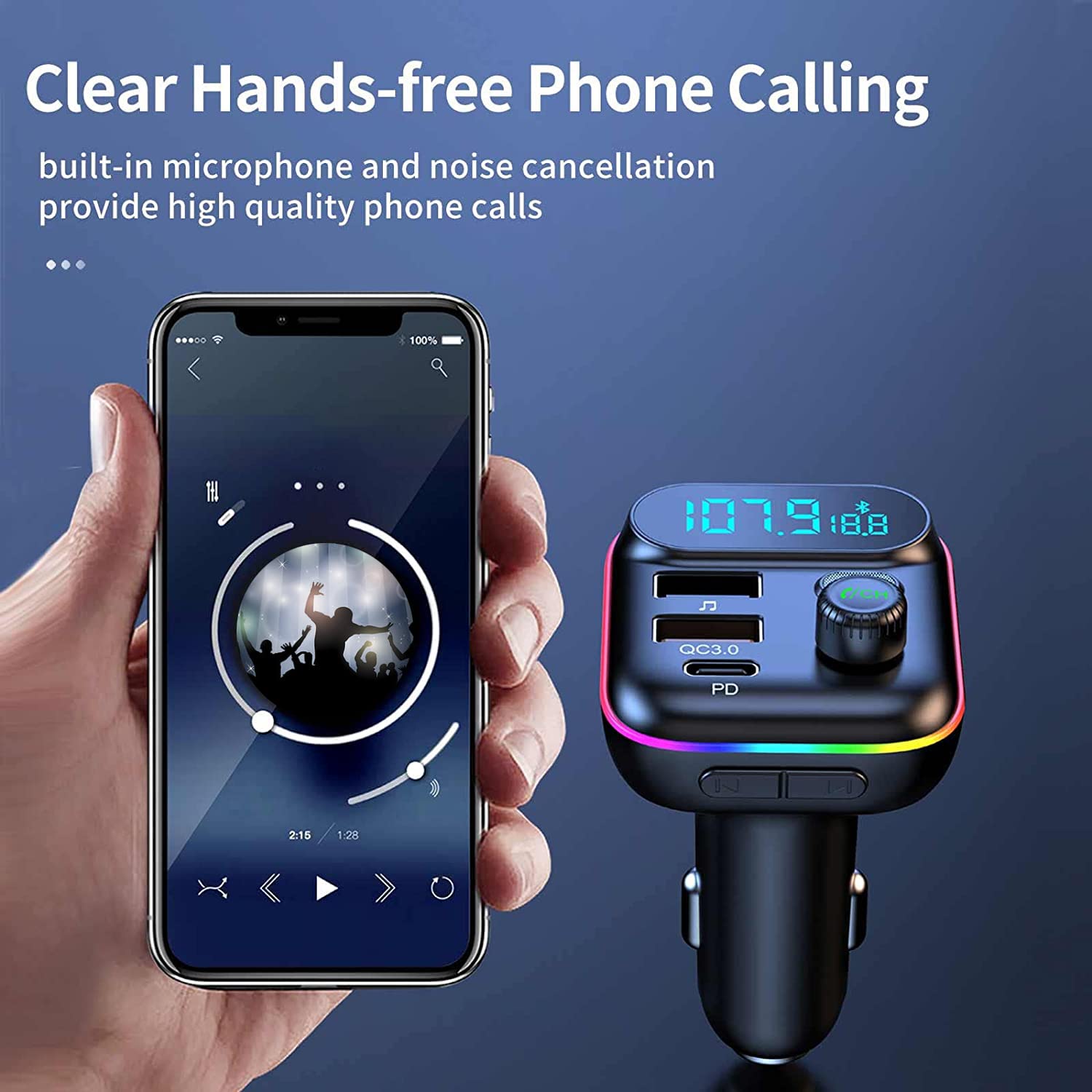 Wireless Bluetooth 5.0 Car Adapter with FM Transmitter & Fast Charging - For Music & Hands-Free Calling