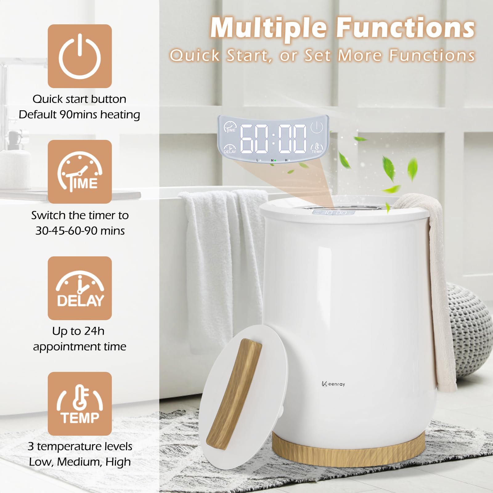 Keenray Upgraded Electric Towel Warmer Bucket - Large Capacity Heated Towel Warmer with 3 Adjustable Heating Modes (30/45/60/90 Min) & 24H Delay Timer - Perfect for Warming Oversized Bathrobes, Blankets and Spa Towels - Ideal for Bathroom, Spa, Salon and Home Use