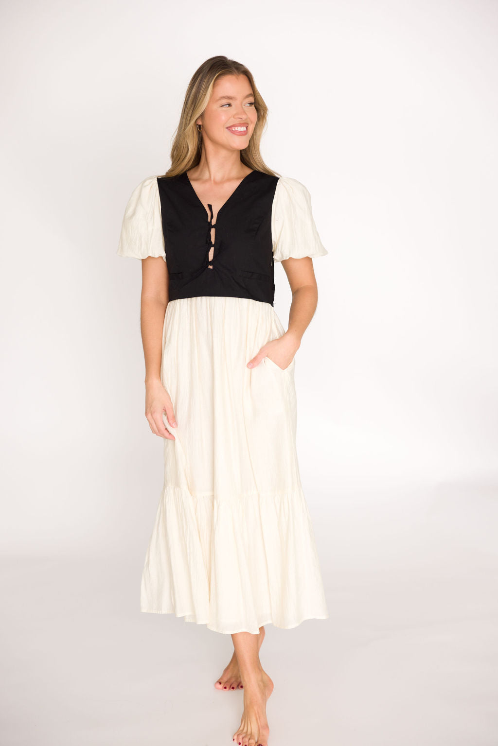 Elegant Mya Contrast Tie Vest Midi Dress in Ivory & Black - Perfect for Office Wear, Cocktail Parties & Special Occasions