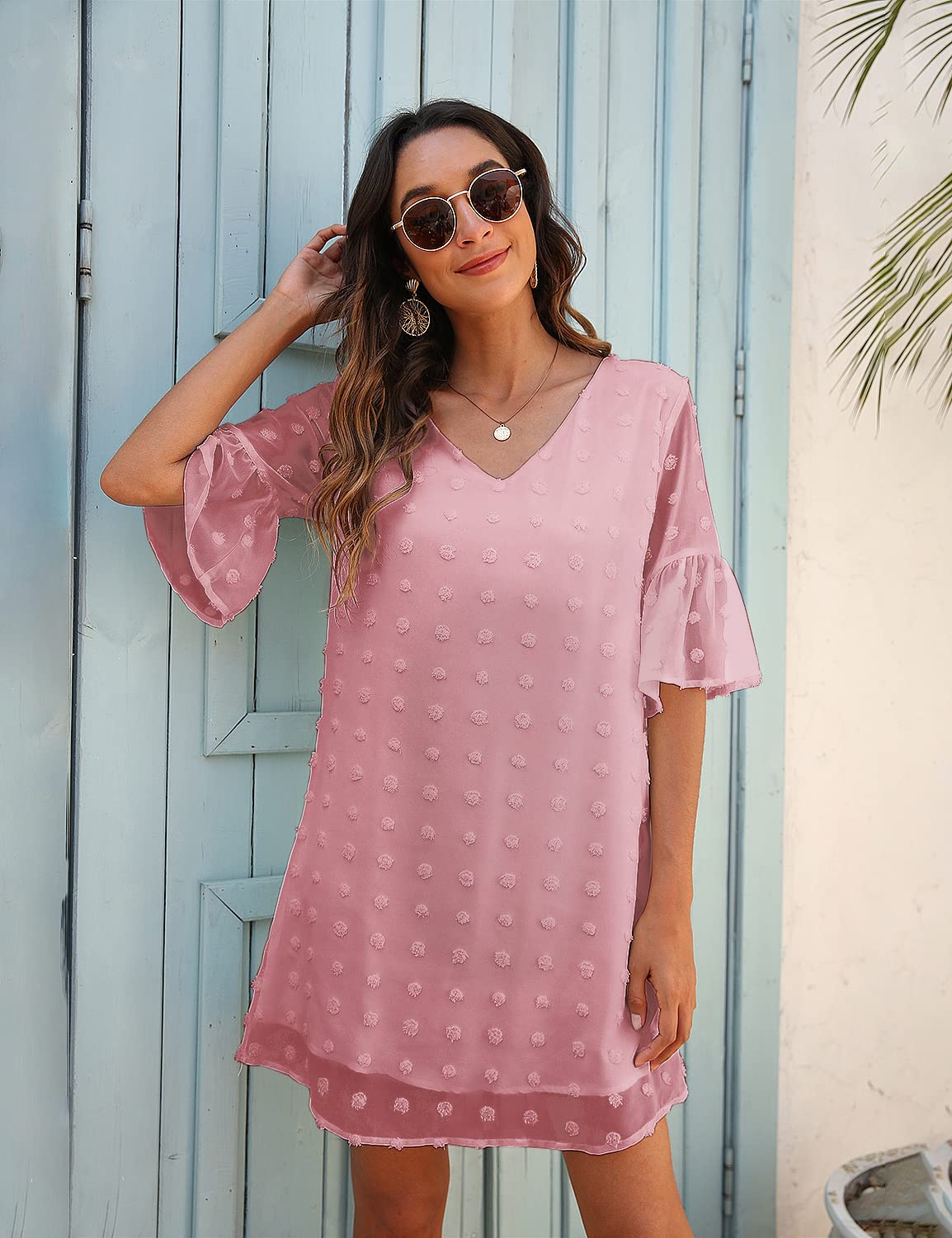 Blooming Jelly Women's White Summer Dress - Short Sleeve V-Neck Ruffle Chiffon Flowy Mini Sundress for Beach, Party & Casual Wear