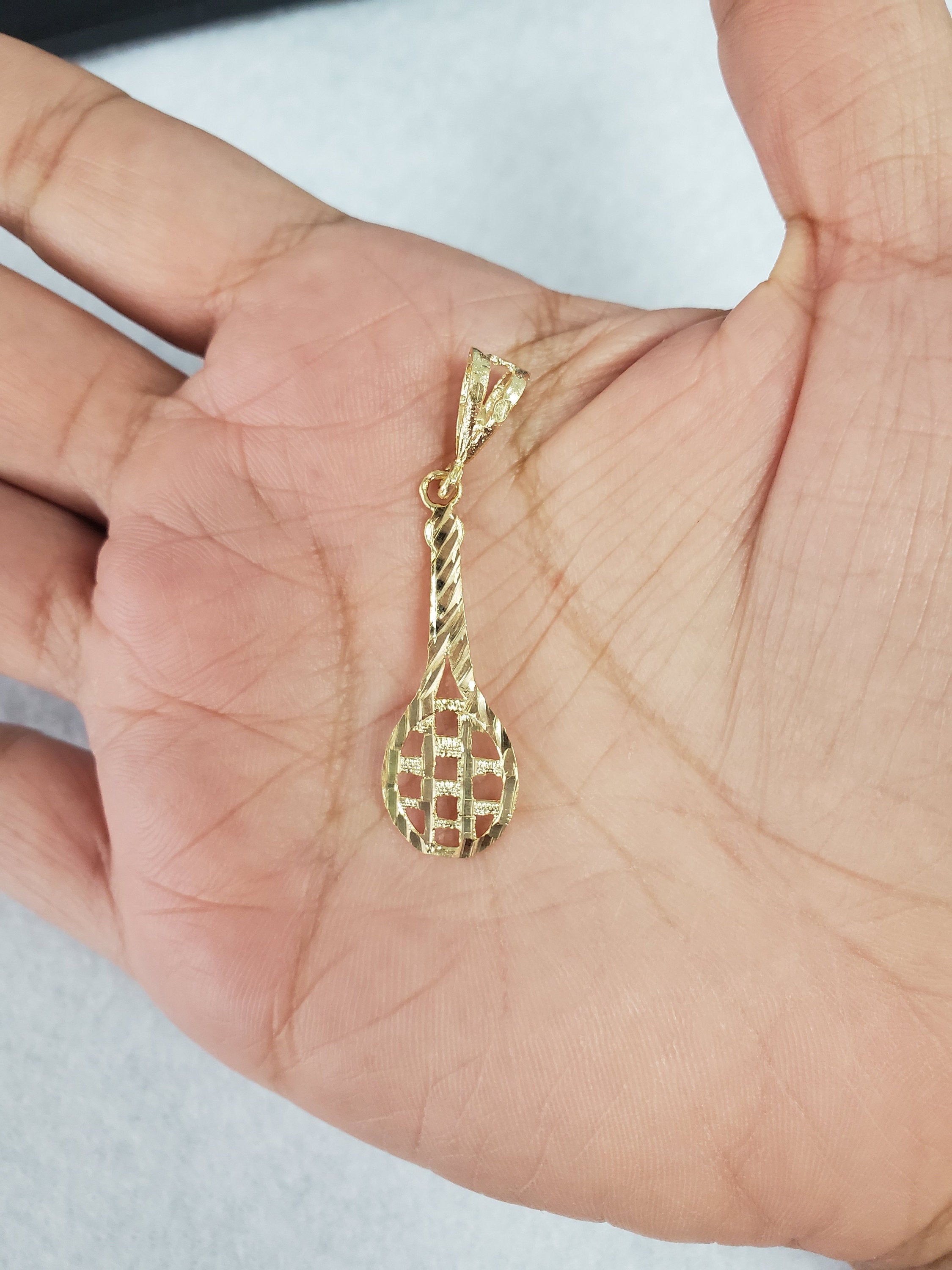 14k Yellow Gold Tennis Racket Charm with Diamond Cuts - Elegant Jewelry Gift for Tennis Lovers, Players & Coaches - Perfect for Bracelets, Necklaces & Sports-Themed Accessories