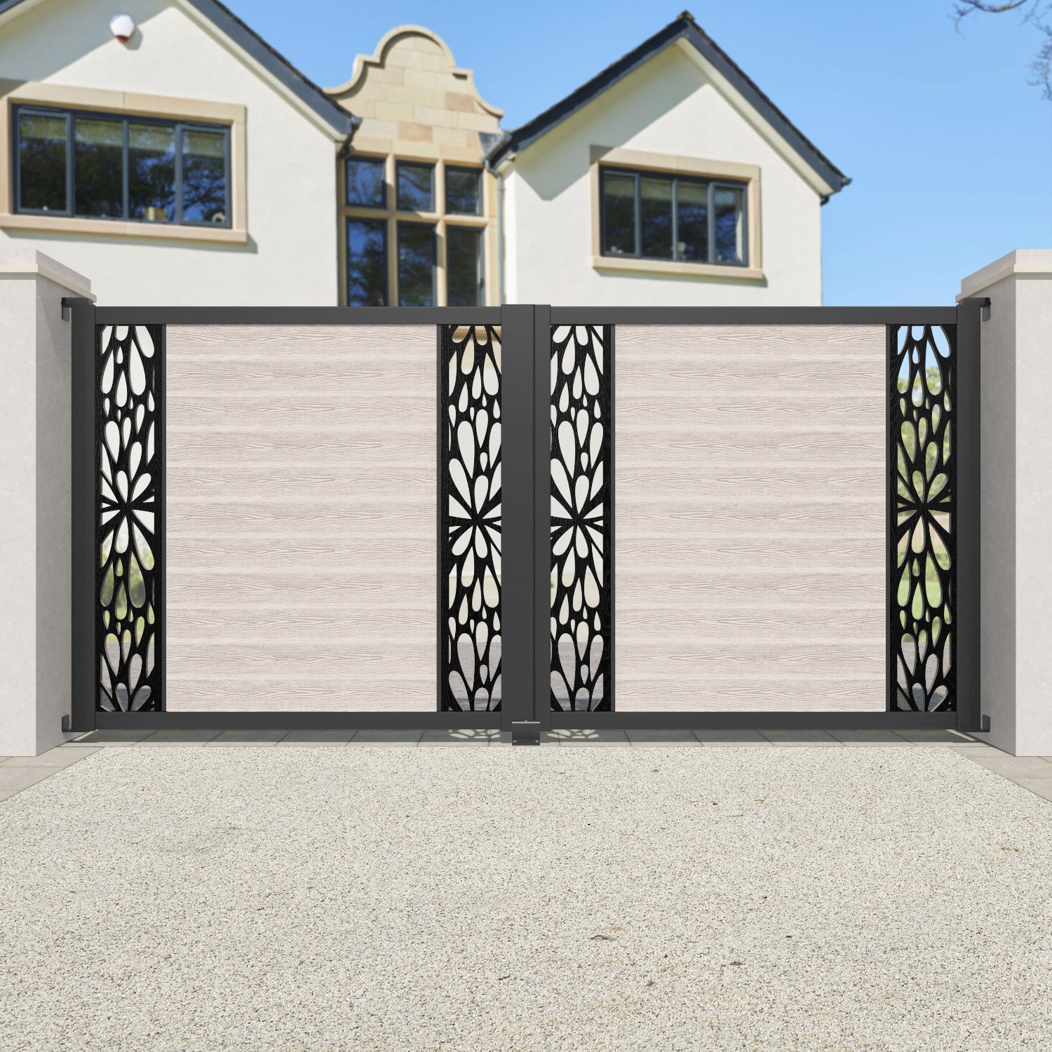 Classic Blossom Straight Top Driveway Gate - Mid Stone Finish with Middle & End Screen - Perfect for Residential Driveways, Garden Entrances, and Property Security