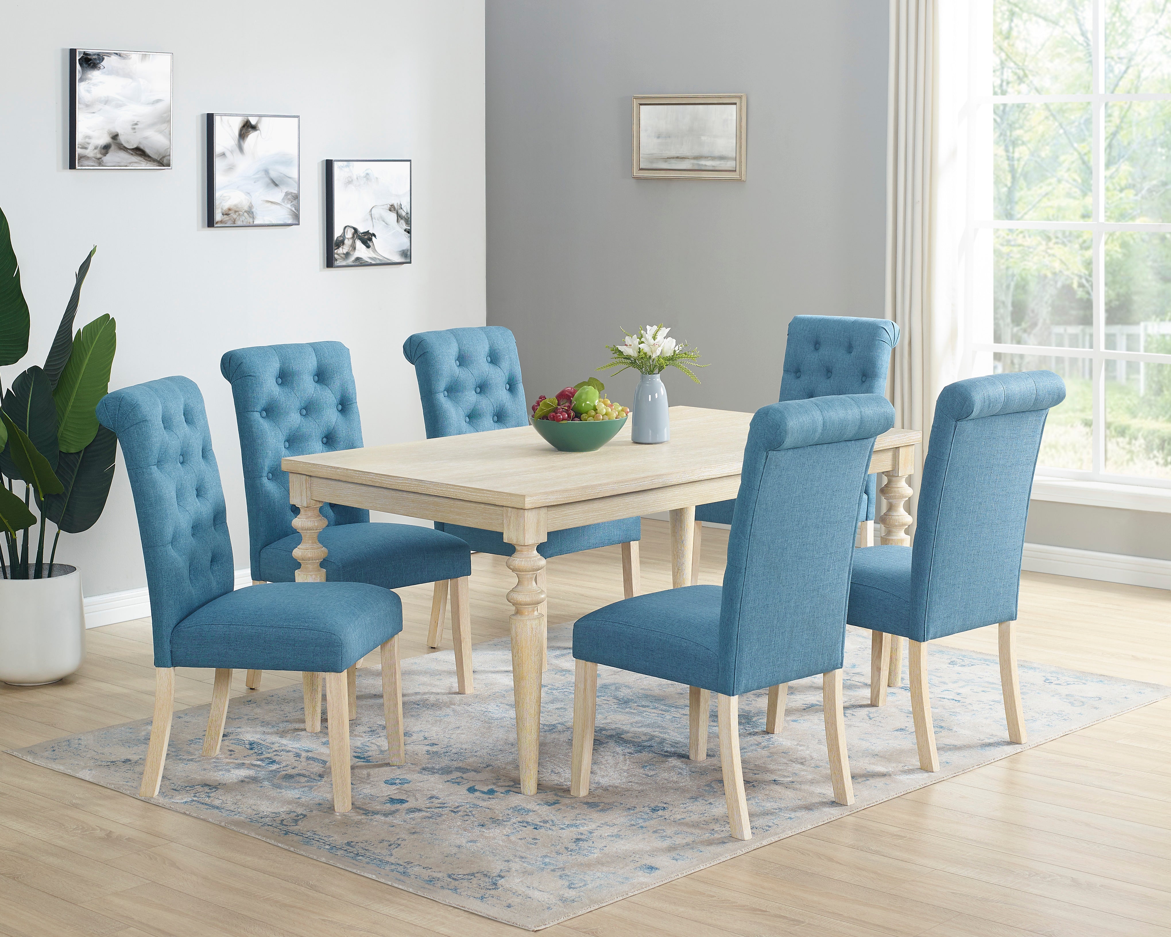 Roundhill Furniture Amonia 7-Piece Dining Set - Solid Wood Turned Leg Dining Table with 6 Padded Tufted Chairs for Kitchen, Dining Room & Small Spaces