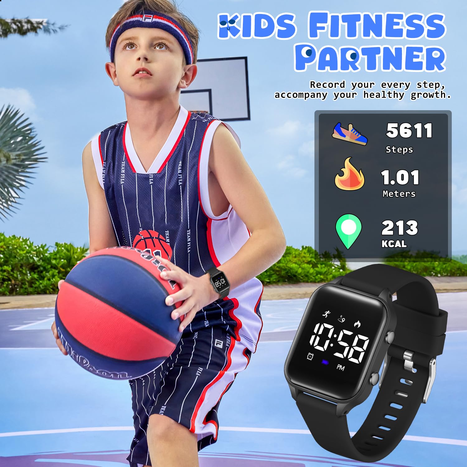 Kids Digital Sports Watch with Fitness Tracker - Waterproof Smart Watch for Boys & Girls Ages 5-14 - Pedometer, Alarm, Stopwatch - No App Needed - Perfect Gift for Students & Teens - Ideal for School, Sports & Outdoor Activities