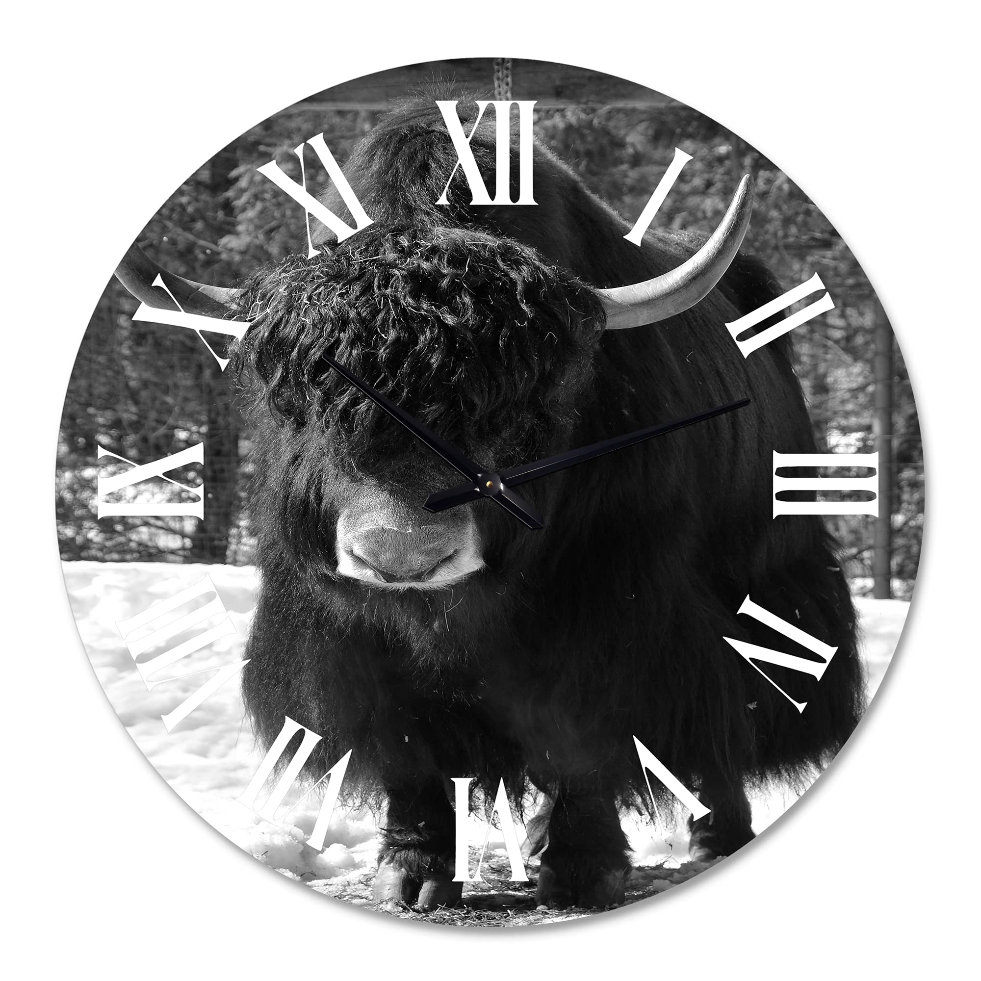 Farmhouse Wall Clock with Wild Bull in Winter Forest - Large Animal Wall Art for Living Room, Kitchen, Bedroom Decor | Rustic Home & Office Clock