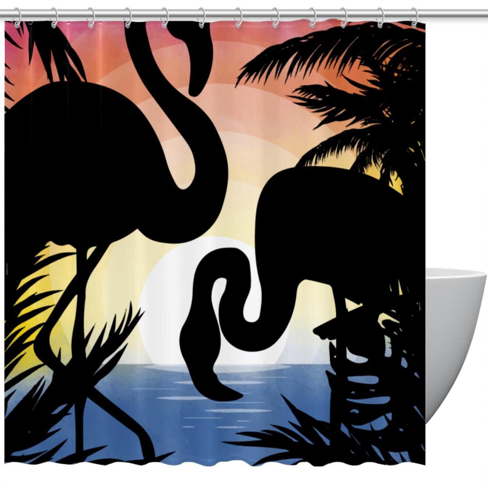 Farmhouse Shower Curtain with Tropical Flamingo & Coconut Tree Design - Waterproof Fabric Bathroom Curtain for Rustic & Coastal Decor - Perfect for Beach House, Vacation Home or Boho Chic Bathroom