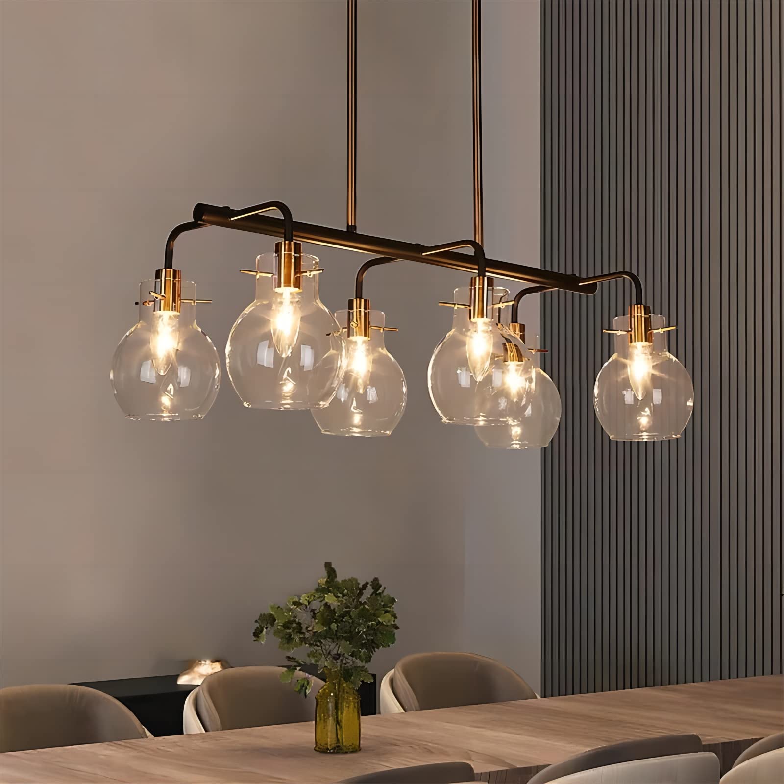 ZEVNI 6-Light Black and Gold Chandelier with Clear Glass Shades - 28 Inch Modern Crystal Ceiling Light Fixture for Dining Room, Living Room, Bedroom, and Entryway Lighting Decor