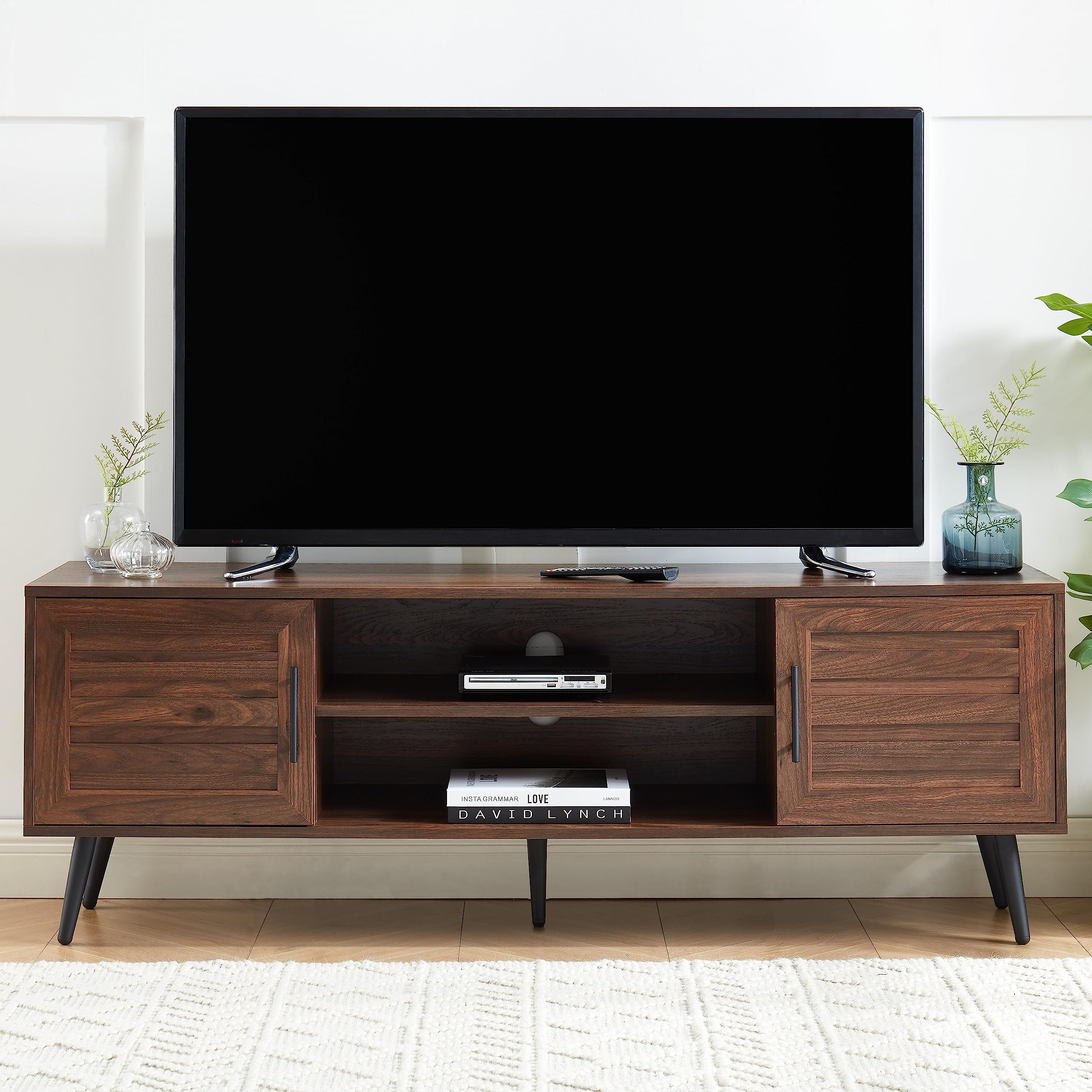 Mid Century Modern TV Stand Entertainment Center - Dark Walnut Wood Media Console with Open Shelves & 2 Storage Cabinets for 65 Inch Flat Screen TVs - Perfect for Living Room, Home Theater & Gaming Setup