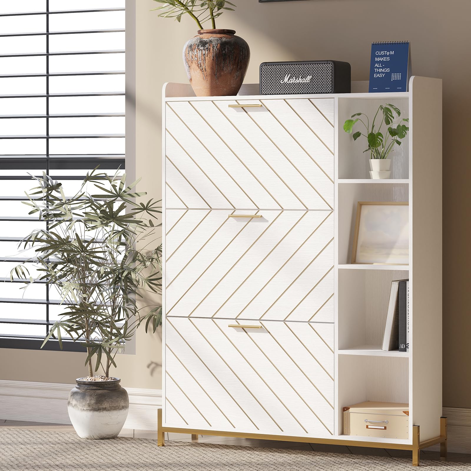 Large Shoe Storage Cabinet - Slim Freestanding Shoe Organizer with 3 Flip Drawers & 4 Shelves for Entryway, Closet, Living Room - Space Saving Hidden Shoe Cabinet (White) | Perfect for Small Apartments, Mudrooms & Home Organization