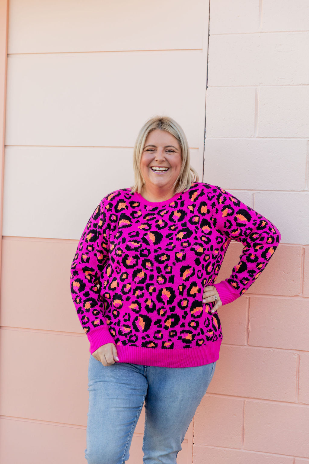 Kasey Rainbow Frankie Knit Sweater - Pink Leopard Print Women's Pullover | Cozy Winter Fashion for Casual Outings & Date Nights